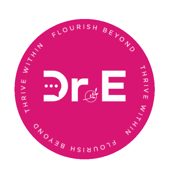 Pink circular logo with the words 'Thrive Within' and 'Flourish Beyond' around the edge, and the text 'DrE' in the center with a leaf and a speech bubble incorporated into the design.