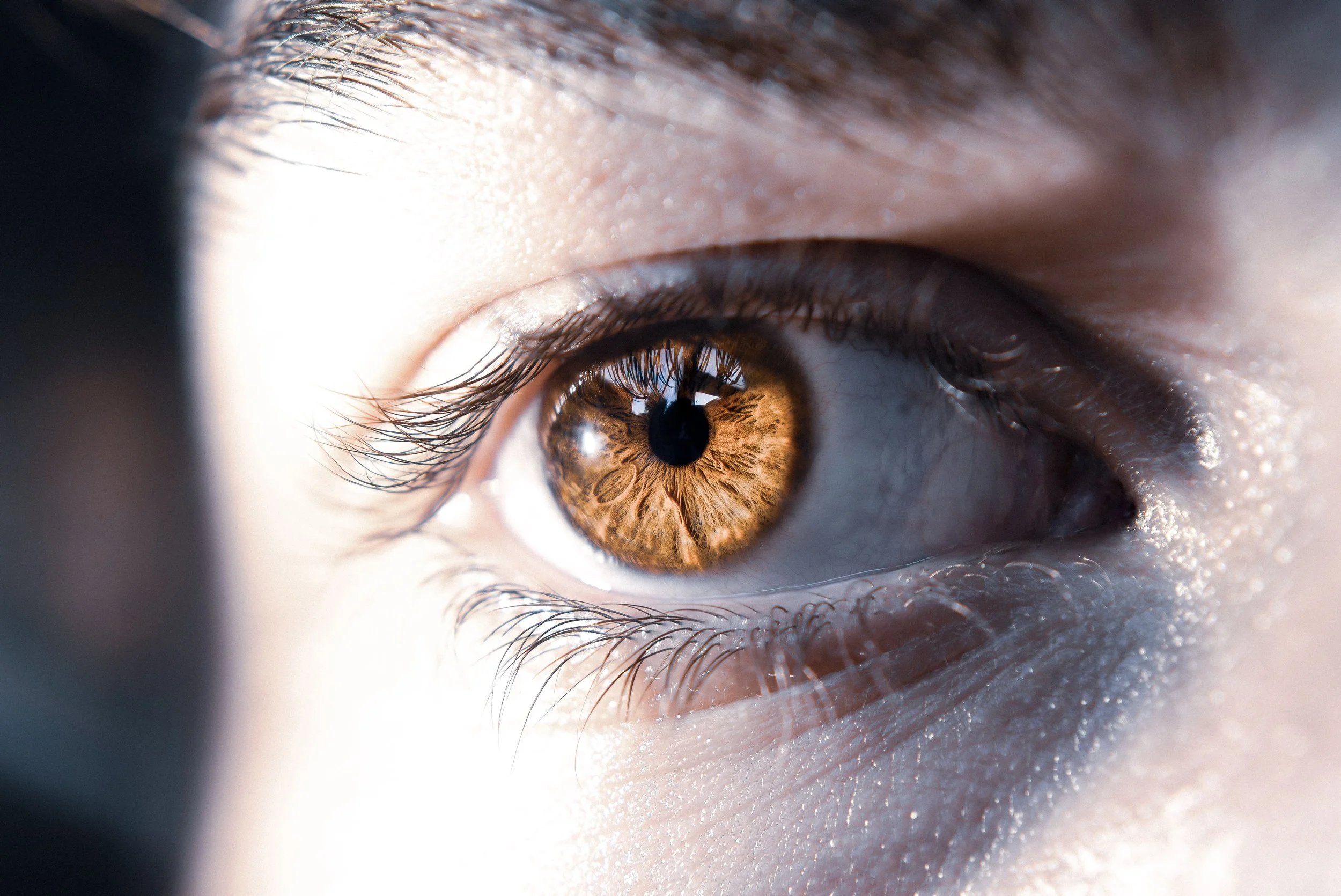Close-up of a human eye with brown iris and detailed eyelashes. The image is meant to depict someone receiving EMDR (Eye Movement Desensitization and Reprocessing) therapy.