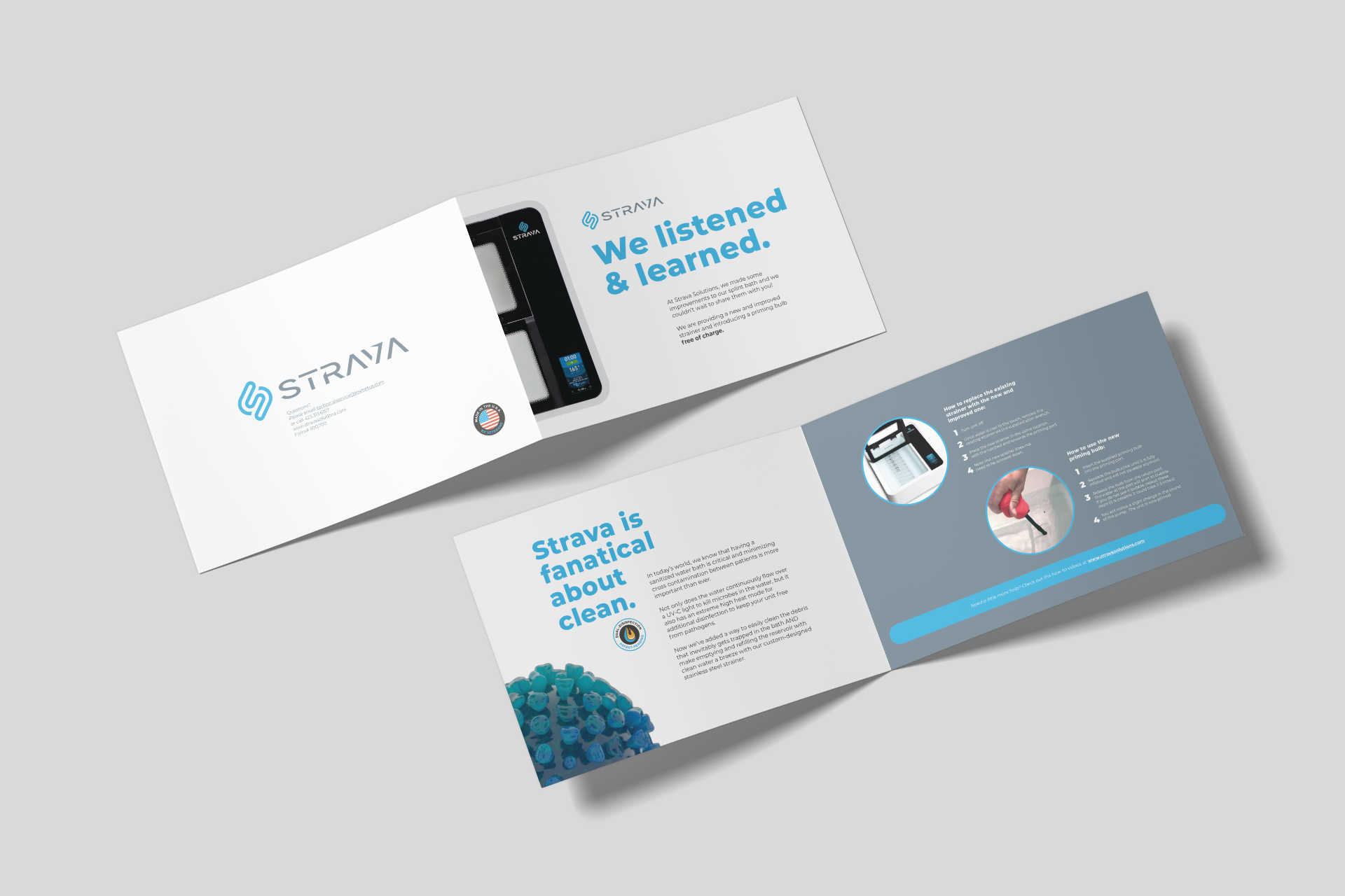 Brochure or flyer promoting Strava solutions, with the headline 'We listened & learned' and images of electronic devices and instructions for use.
