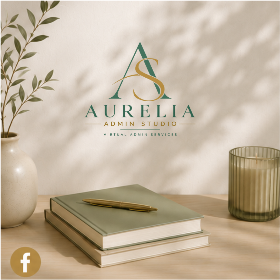 A desk with a stack of two closed books, a gold pen on top, a potted plant, and a glass candle holder with a white candle. The wall behind displays the logo for Aurelia Admin Studio, featuring a stylized 'A' and 'S' with the text 'Aurelia Admin Studio' and 'Virtual Admin Services'.