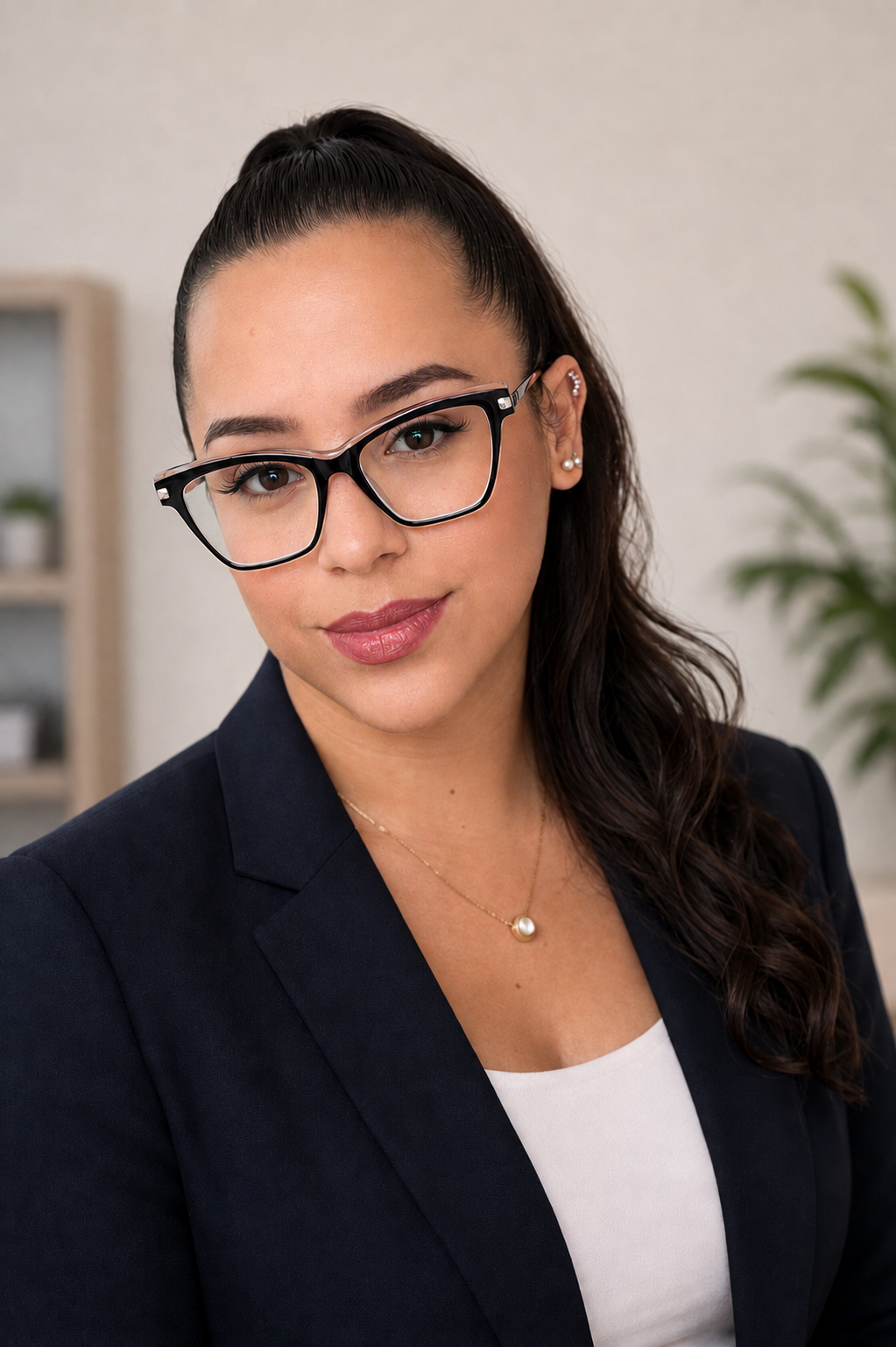 A woman with dark hair in a ponytail, wearing black-rimmed glasses, a navy blazer, a white top, and a pearl necklace, smiling softly at the camera in an indoor setting with a plant in the background.