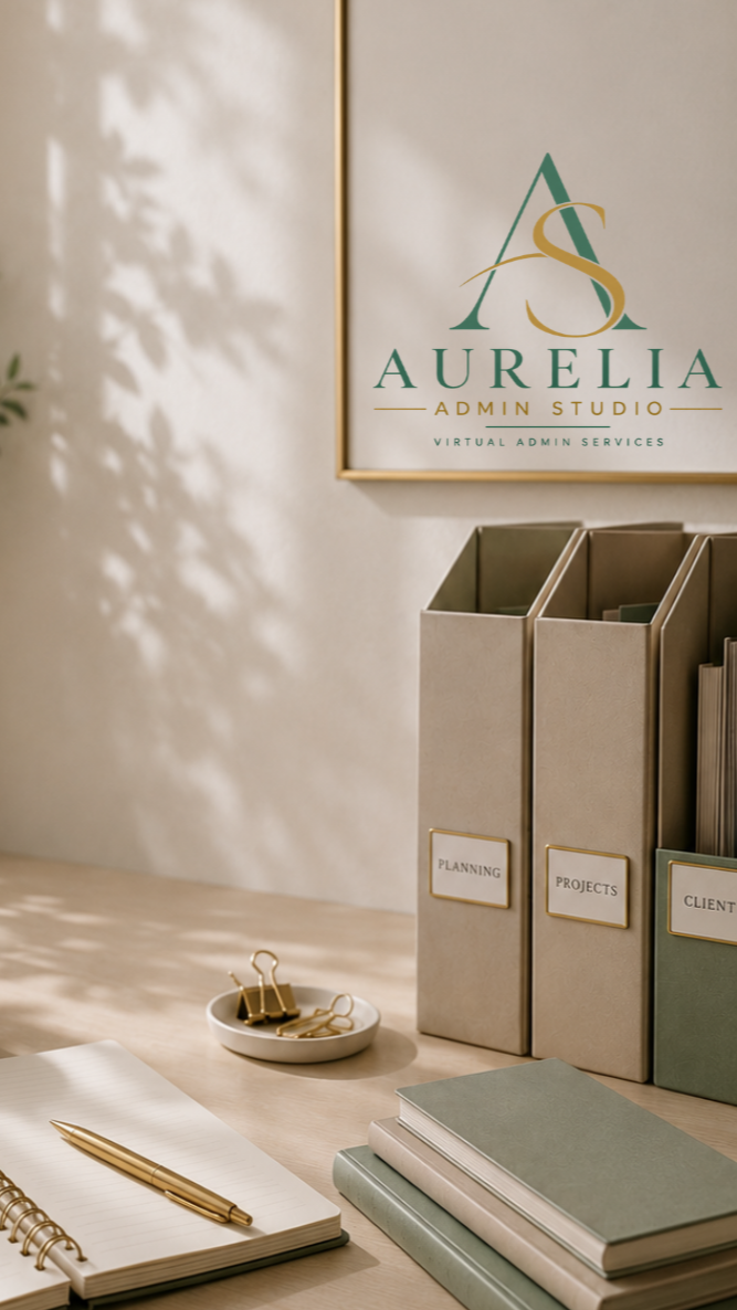 Office desk with notebooks, gold pen, and organizational binders labeled Planning, Projects, and Clients, with a framed Aurelia Admin Studio logo on the wall.