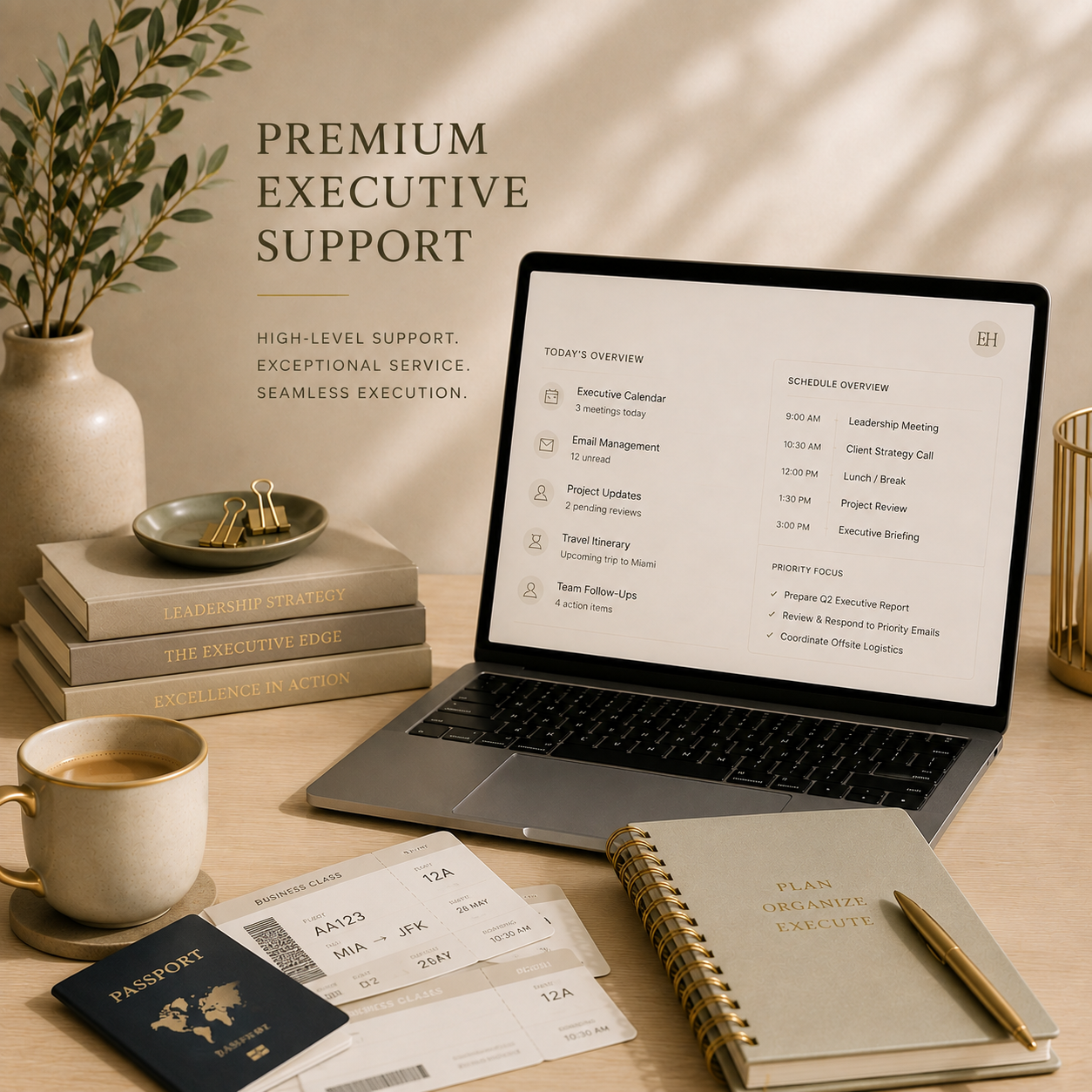 A workspace with a laptop displaying a schedule and to-do list, a cup of coffee, a passport, airplane tickets, a notebook labeled "Plan Organize Execute," stacked books on leadership and excellence, a plant in a vase, and gold stationery.