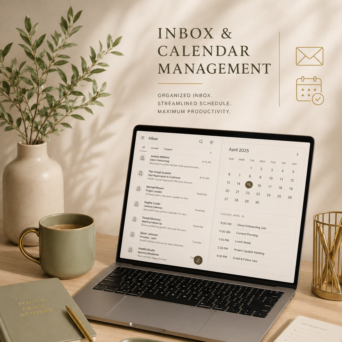A workspace featuring a laptop displaying an organized inbox and calendar for April 2025, a green coffee mug, a potted plant, a closed notebook with a gold pen, and a gold wire pen holder on a wooden desk.