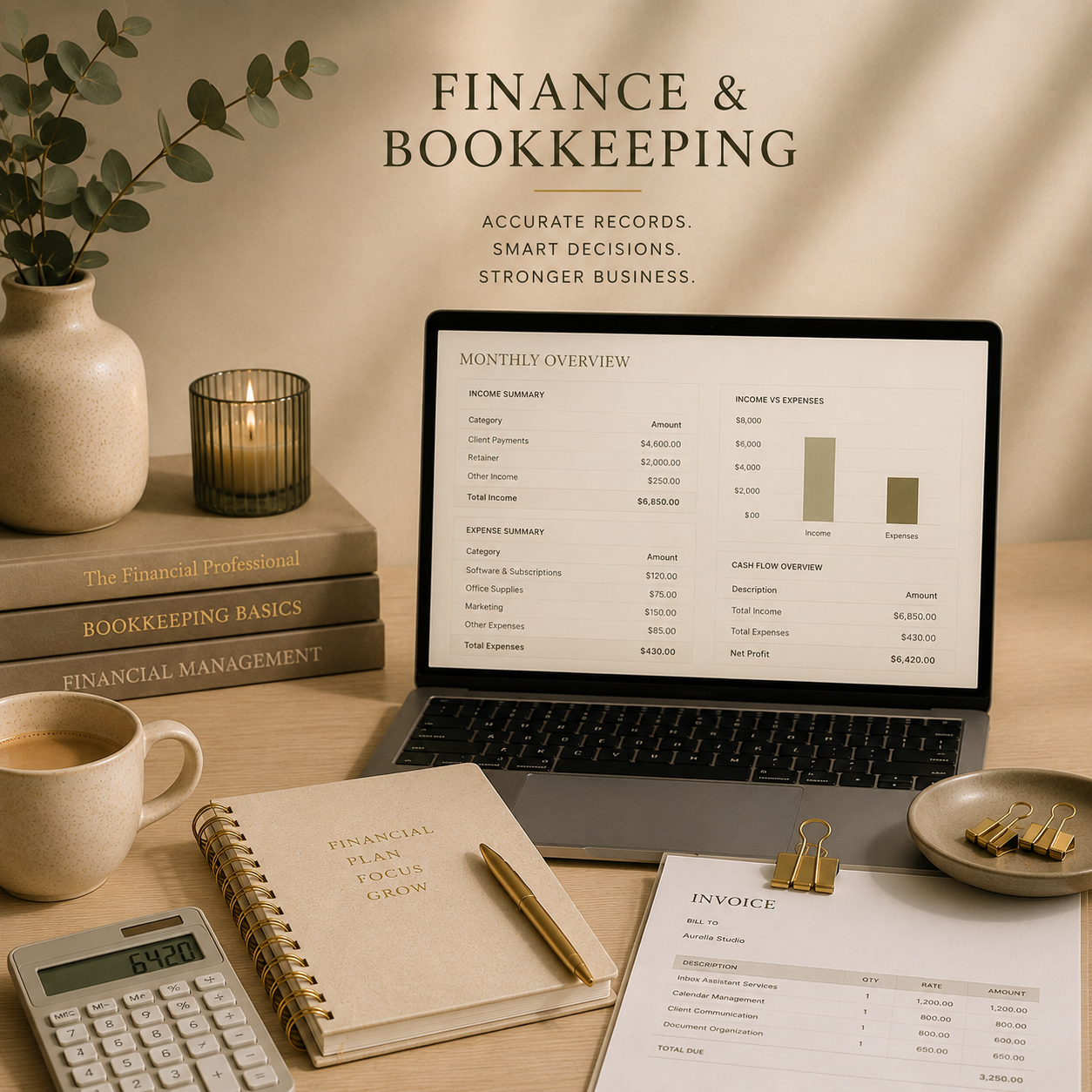 A workspace with a laptop displaying finance and bookkeeping charts, a stack of books, a cup of coffee, a notebook, a calculator, and various office supplies on a wooden desk.