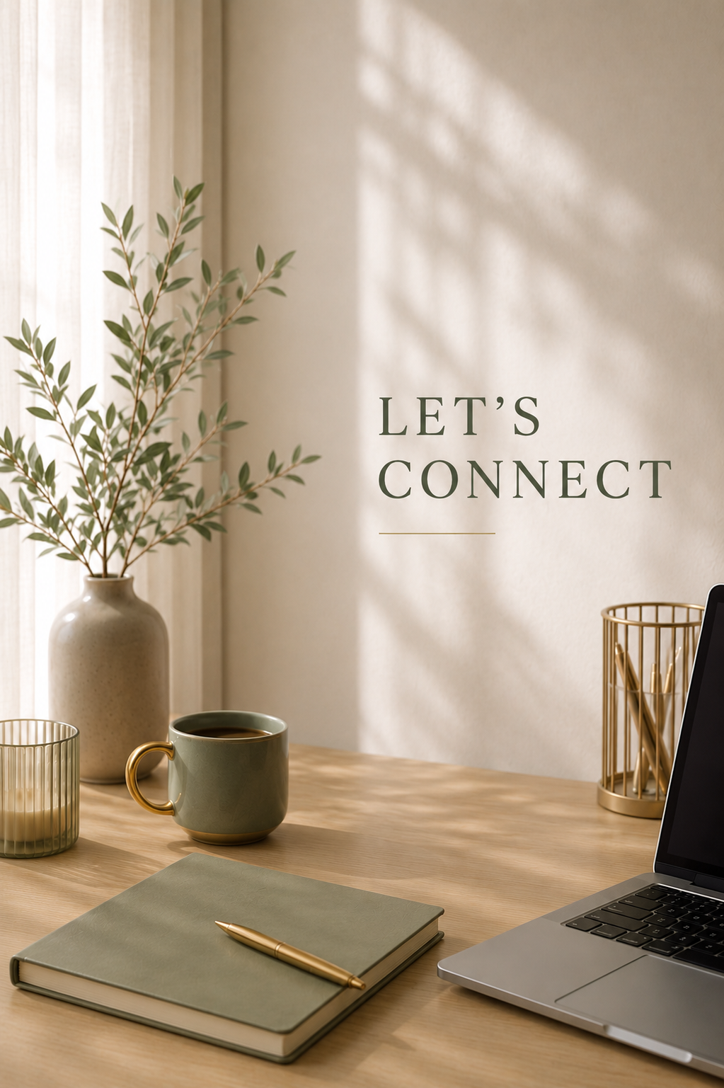 A desk with a green notebook and gold pen, cup of coffee, two glass cups, a vase with green leaves, a laptop, and a gold pen holder, with the words 'Let's Connect' on the wall.