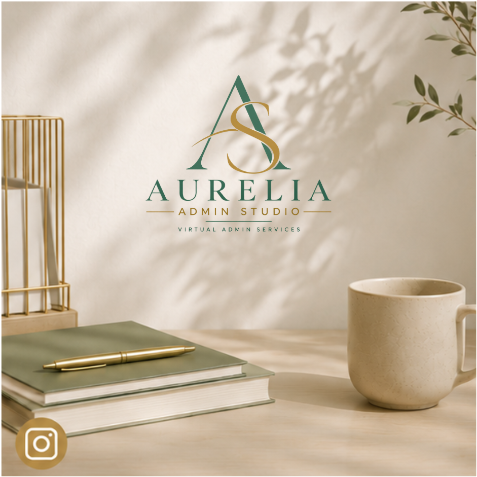 A desk with a gold pen on top of green and white notebooks, a white mug to the right, and a gold desk organizer on the left. The background features a beige wall with shadows and a leafy plant. There is a logo for Aurelia Admin Studio in the center of the wall, including the text "Aurelia Admin Studio" and "Virtual Admin Services."