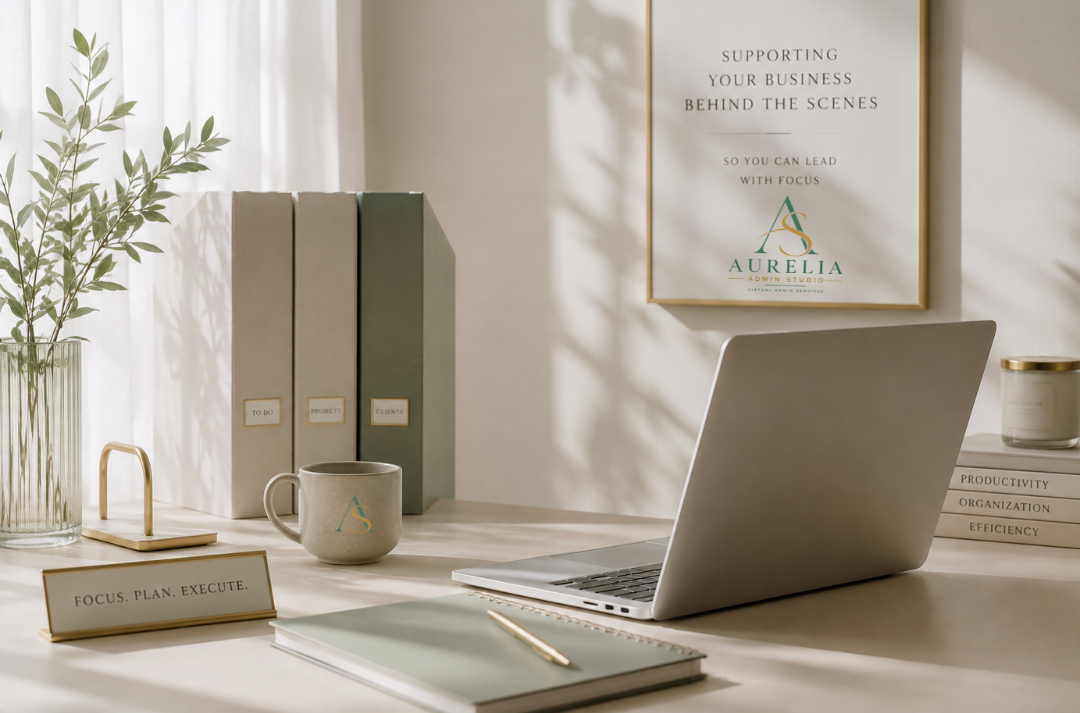 Office desk with a laptop, a cup, binders, a potted plant, a framed quote, a notebook, and books with titles on productivity, organization, and efficiency, illuminated by soft sunlight.