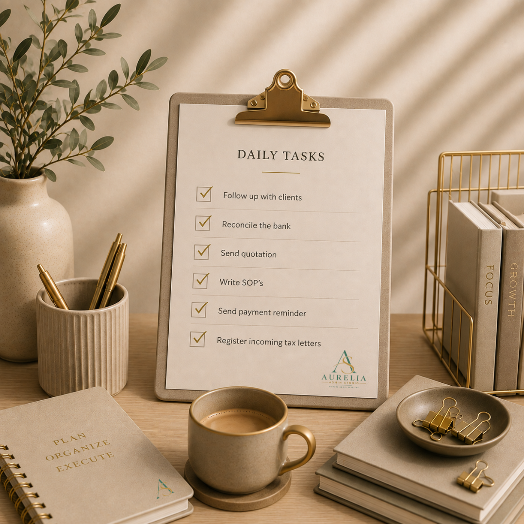 A desk with a daily task checklist on a clipboard, a cup of coffee, a plant, a notebook, pens, binder clips, a stack of folders, and a wire organizer with books in a well-lit space.
