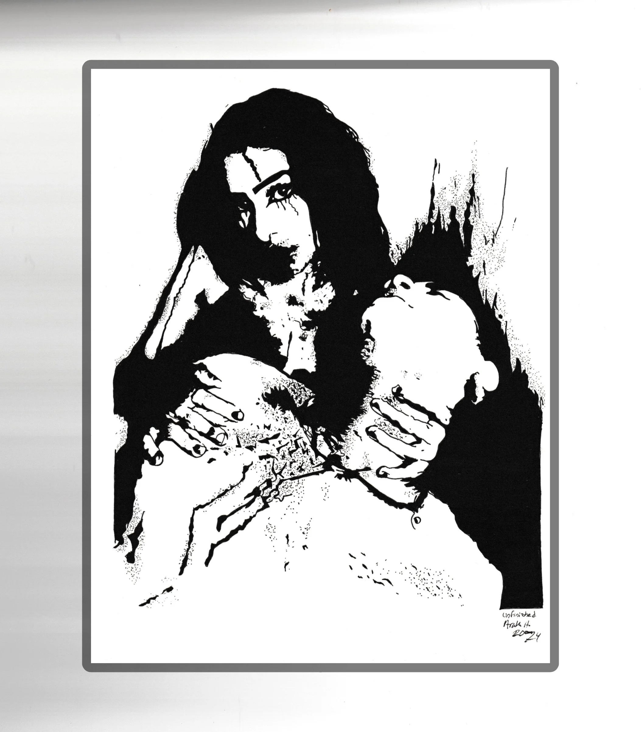A black and white ink drawing of a woman with long hair, wearing a headband, holding a small cat in her arms. The woman appears to be looking at the cat affectionately. The drawing is signed by Frank H. in the bottom right corner, with a date of 2004.