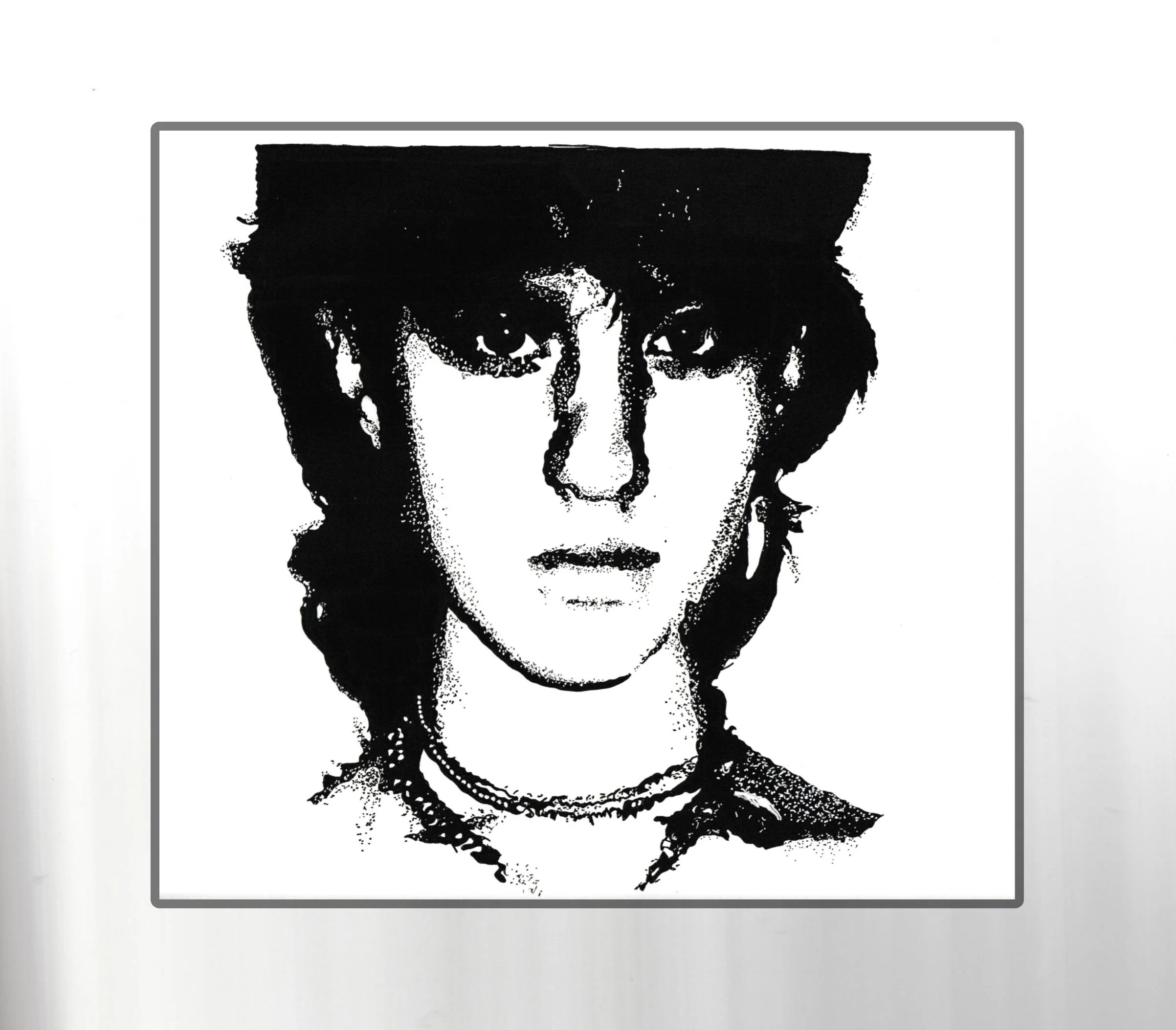Black and white illustration of a person's face with spiky hair, expressionless, wearing a choker, with a speech bubble near the bottom.
