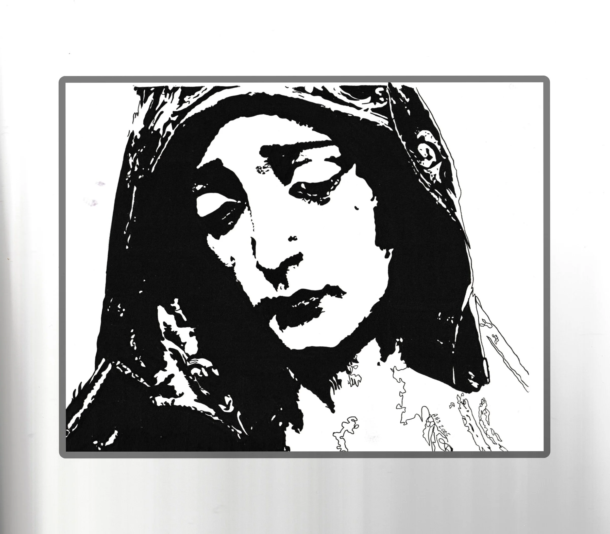 Black and white stencil-style portrait of a woman with long hair, looking downward.