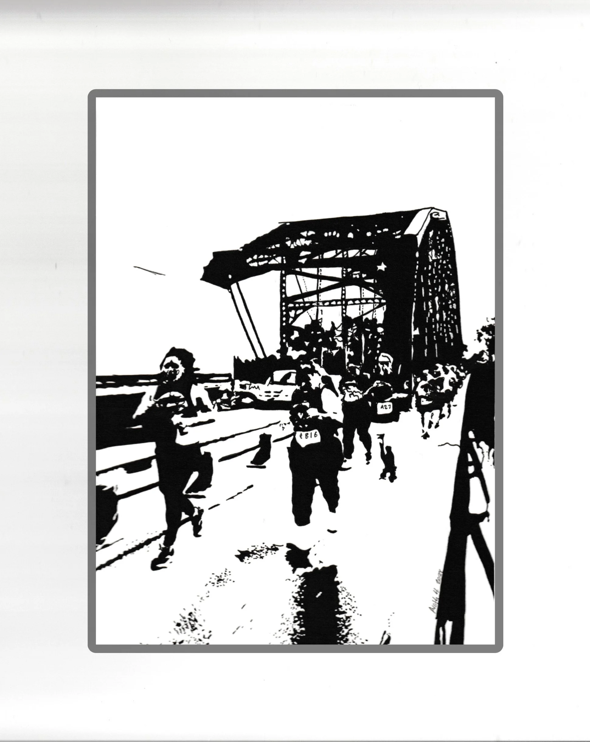 Black and white high-contrast sketch of an amusement park with a large roller coaster, people walking in the foreground, and trees around.