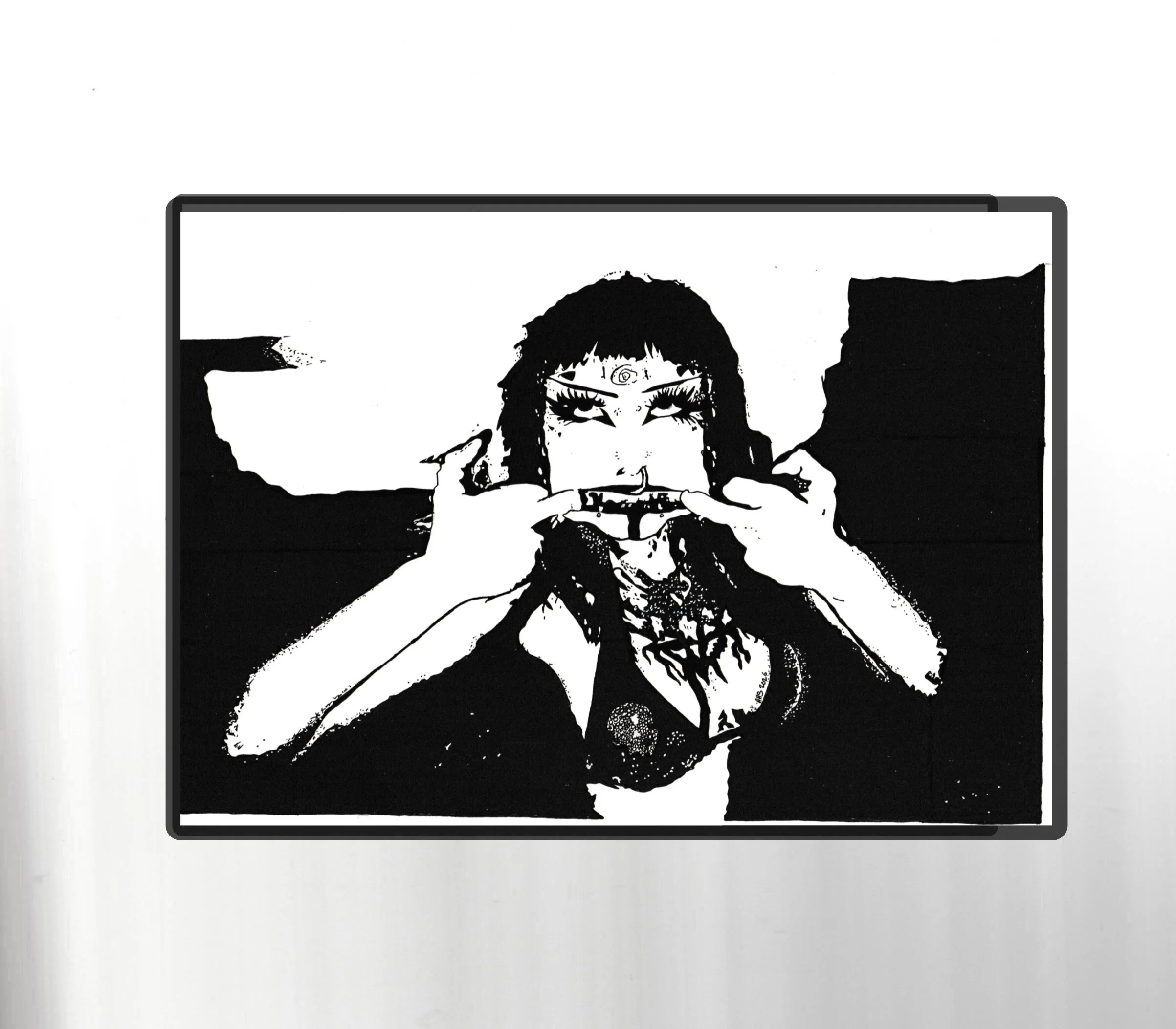 Black and white illustration of a woman with long hair, wearing makeup, holding a sleeve of a shirt or dress with one hand while drinking from a cup with the other. The woman has a third eye drawn on her forehead. The background is mostly white with some black areas.