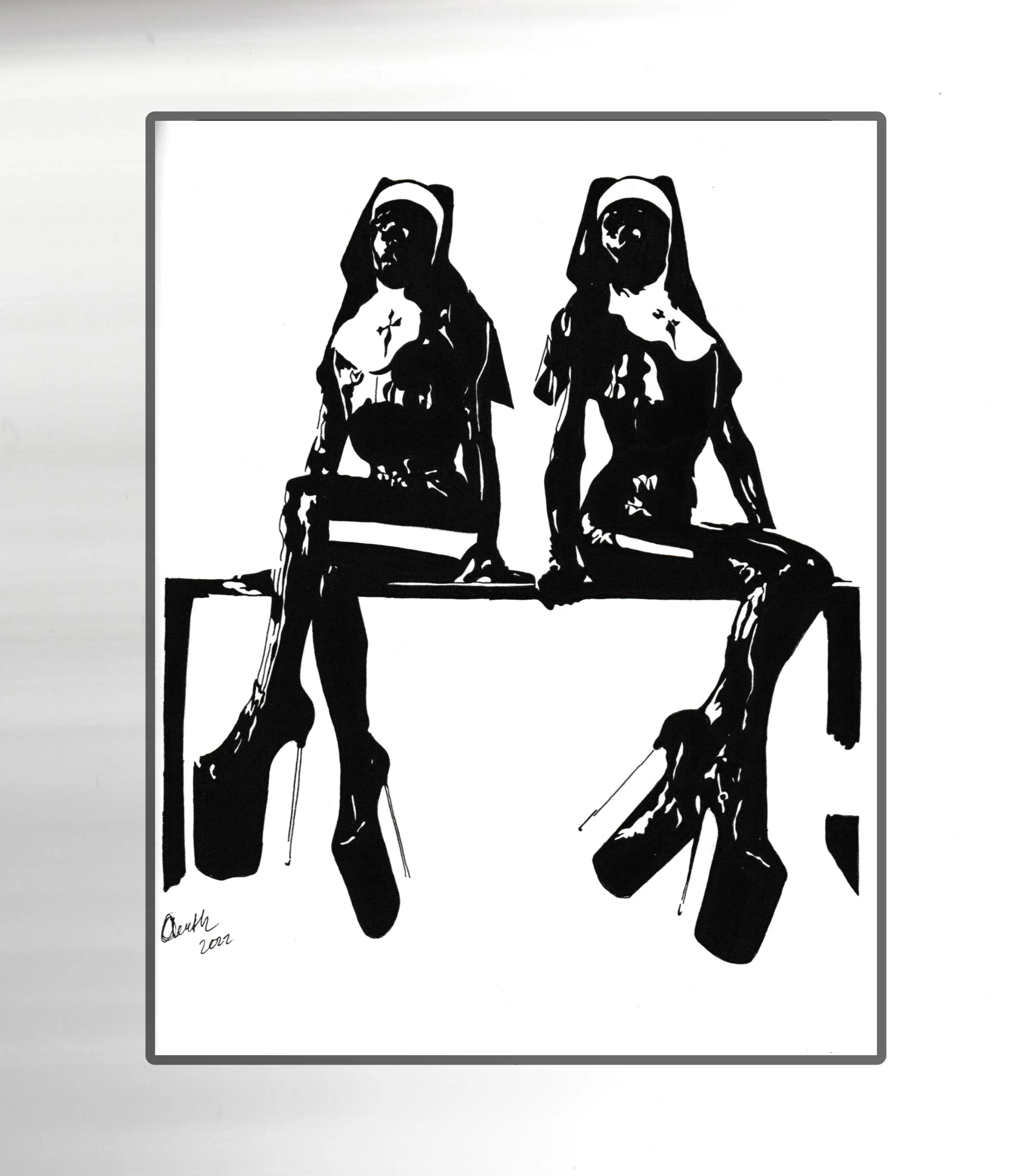 Black and white stencil-style drawing of two seated women wearing headscarves, with one woman holding a cane and the other with a hand on her knee. Signed by the artist with the year 2022.