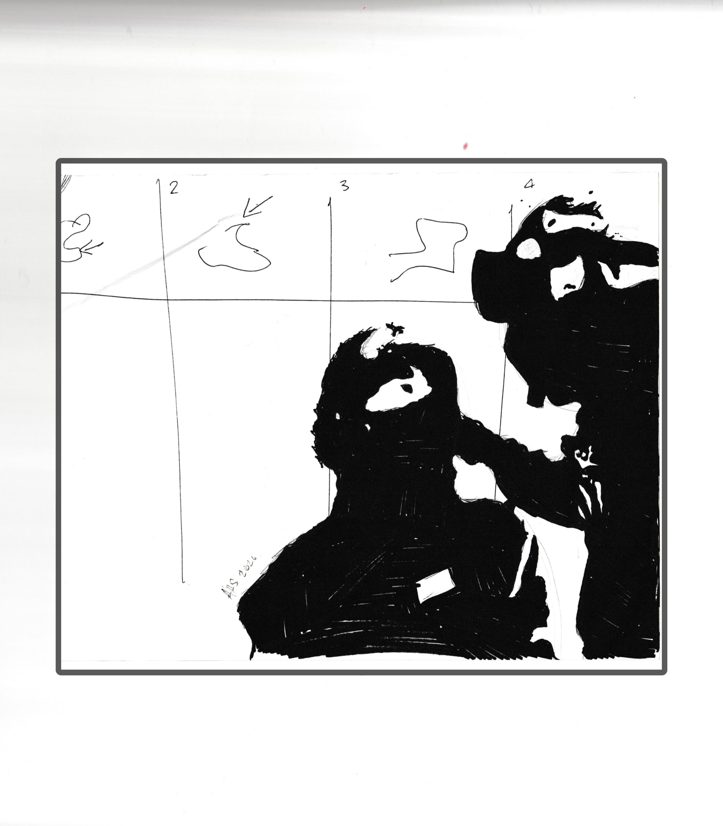 Black silhouette of a person with their head resting on their hand, holding a bag, against a white background with abstract dark shapes and handwritten notes in the upper part of the image.
