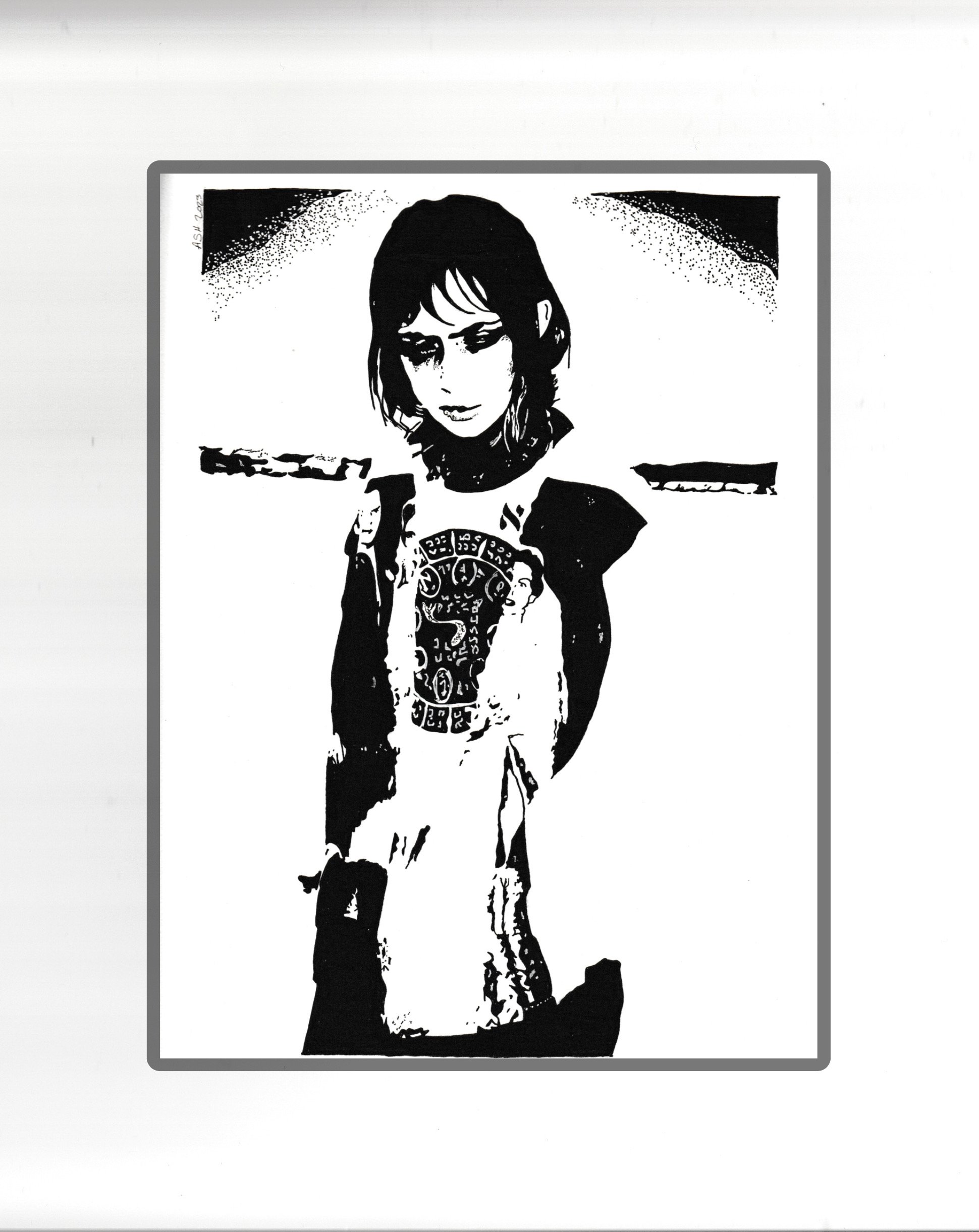 Black and white stencil art of a woman with short hair and tattoos on her neck, wearing a leather jacket with a circular emblem, standing against a plain background.