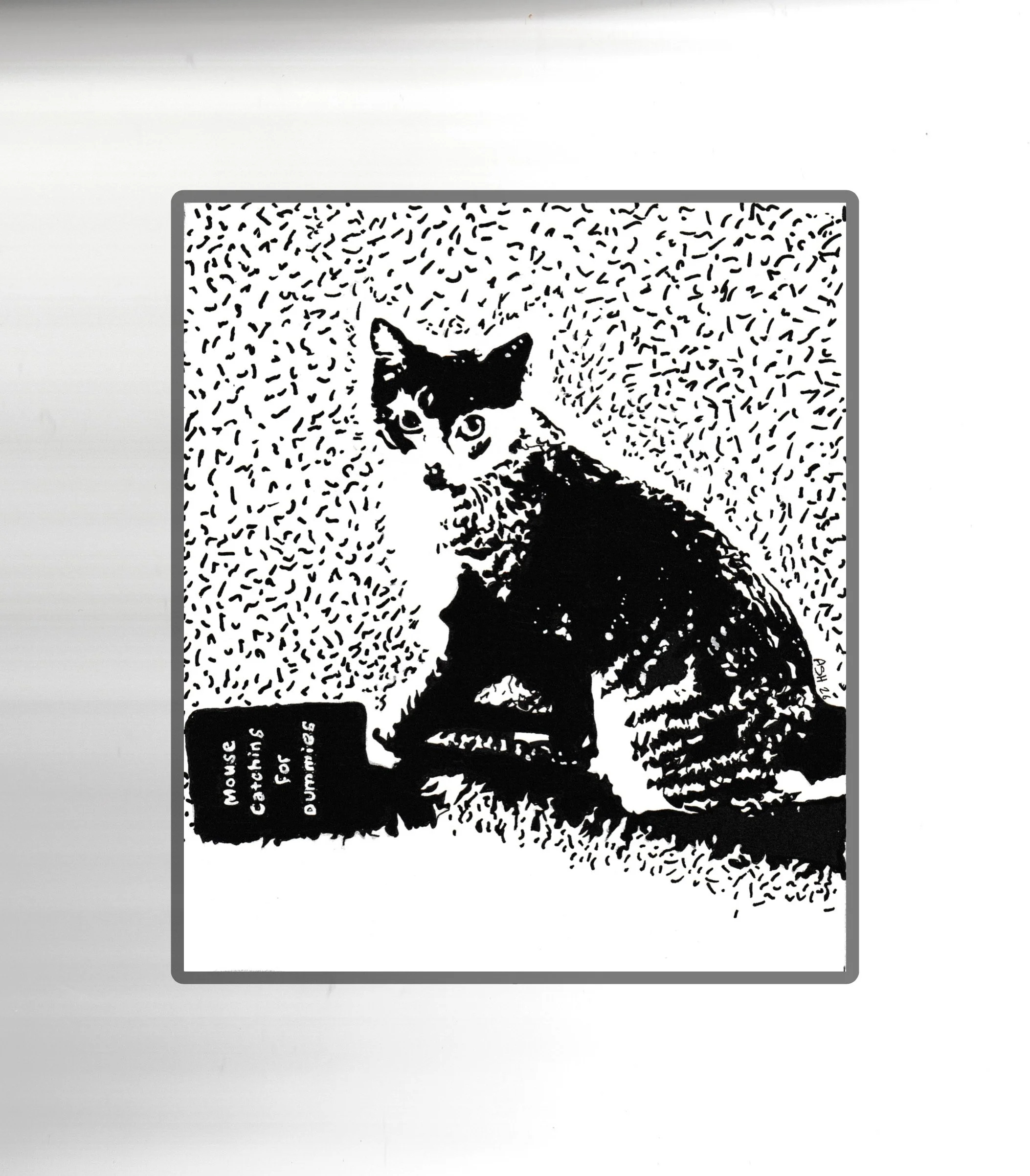 A black and white stencil-style illustration of a kitten sitting with the text "Mouse Catching for Dummies" on a sign in front of the kitten.