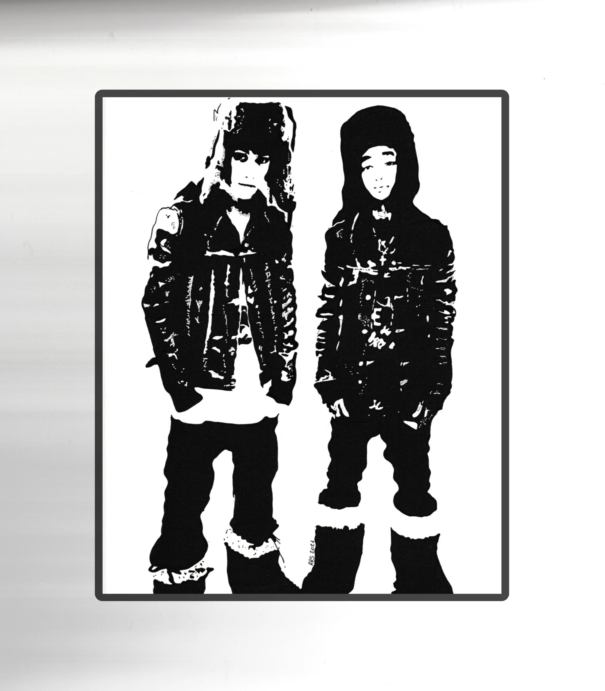 Black and white stencil art of two women with distinctive hairstyles and clothing, one with a large beehive hairstyle and the other with straight hair under a hood, standing side by side