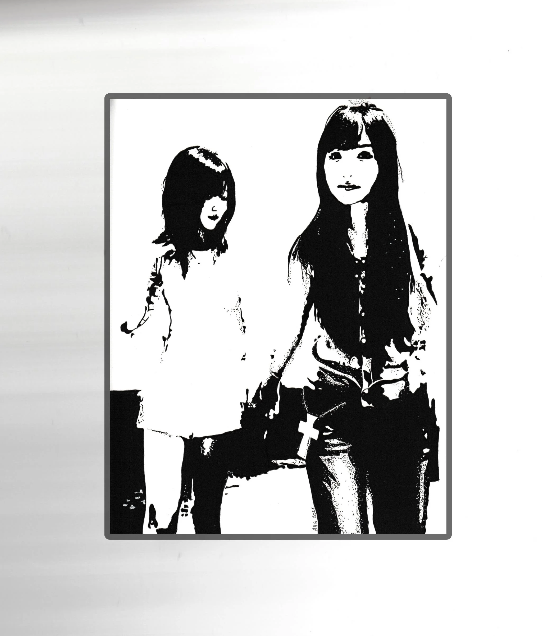 Black and white stencil-style image of three young women.