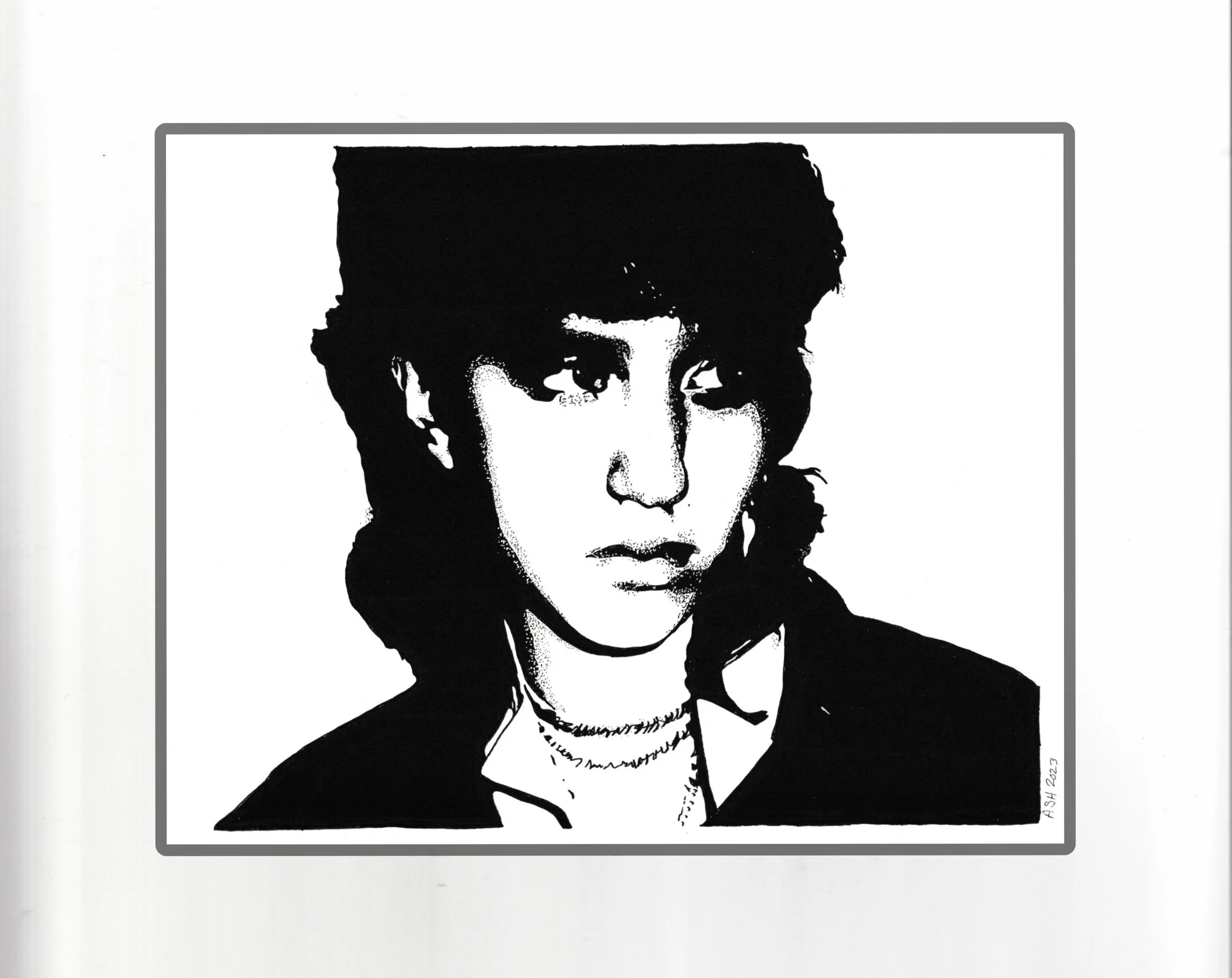 Black and white sketch of a person's face with short hair, wearing glasses, dressed in a jacket and shirt, with the artist's signature and date."ASH 2023" in the bottom right corner.
