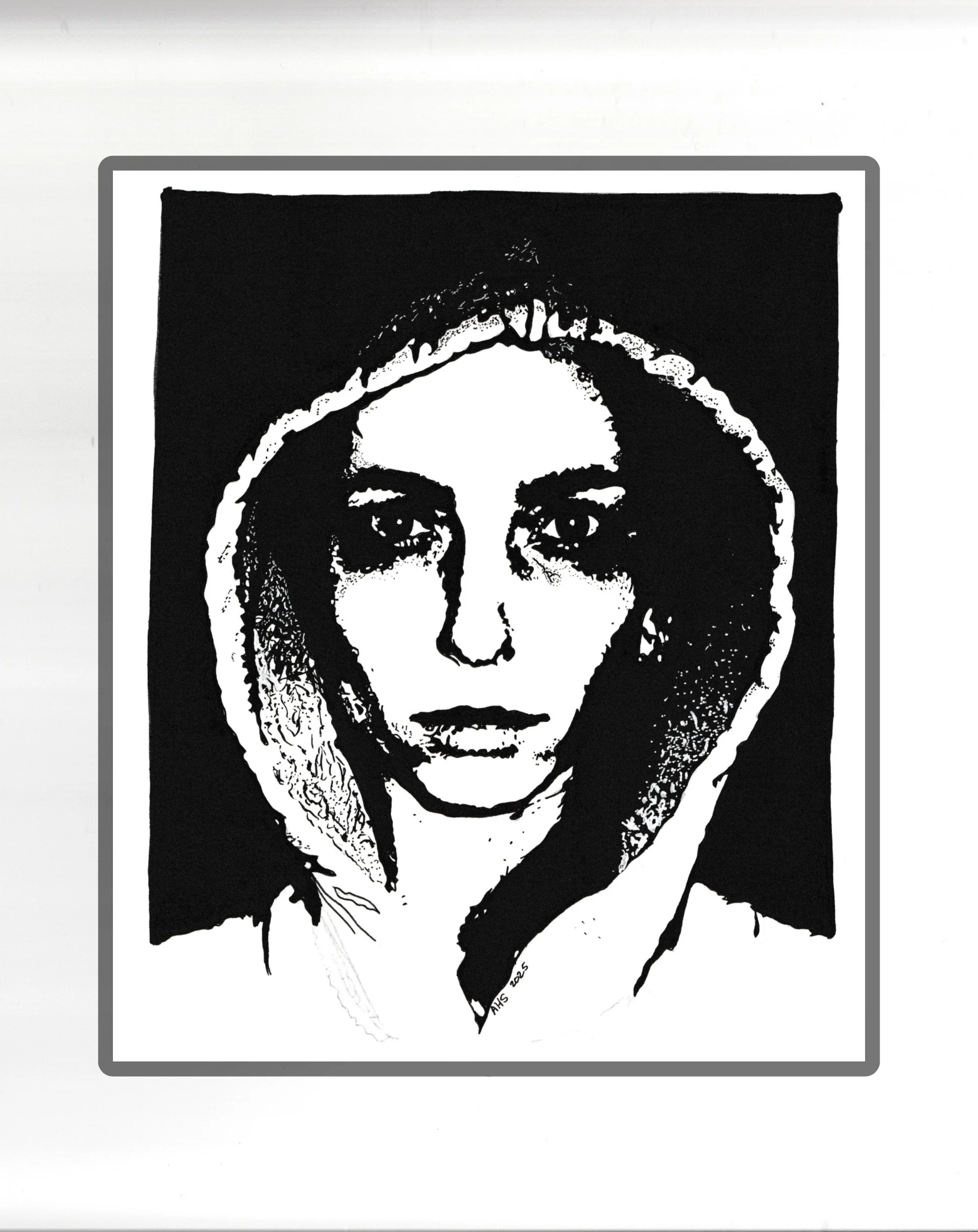 Black and white eye-catching illustration of a person's face with a serious expression, wearing a hoodie. The artwork is in a bold, graphic style with strong contrast.