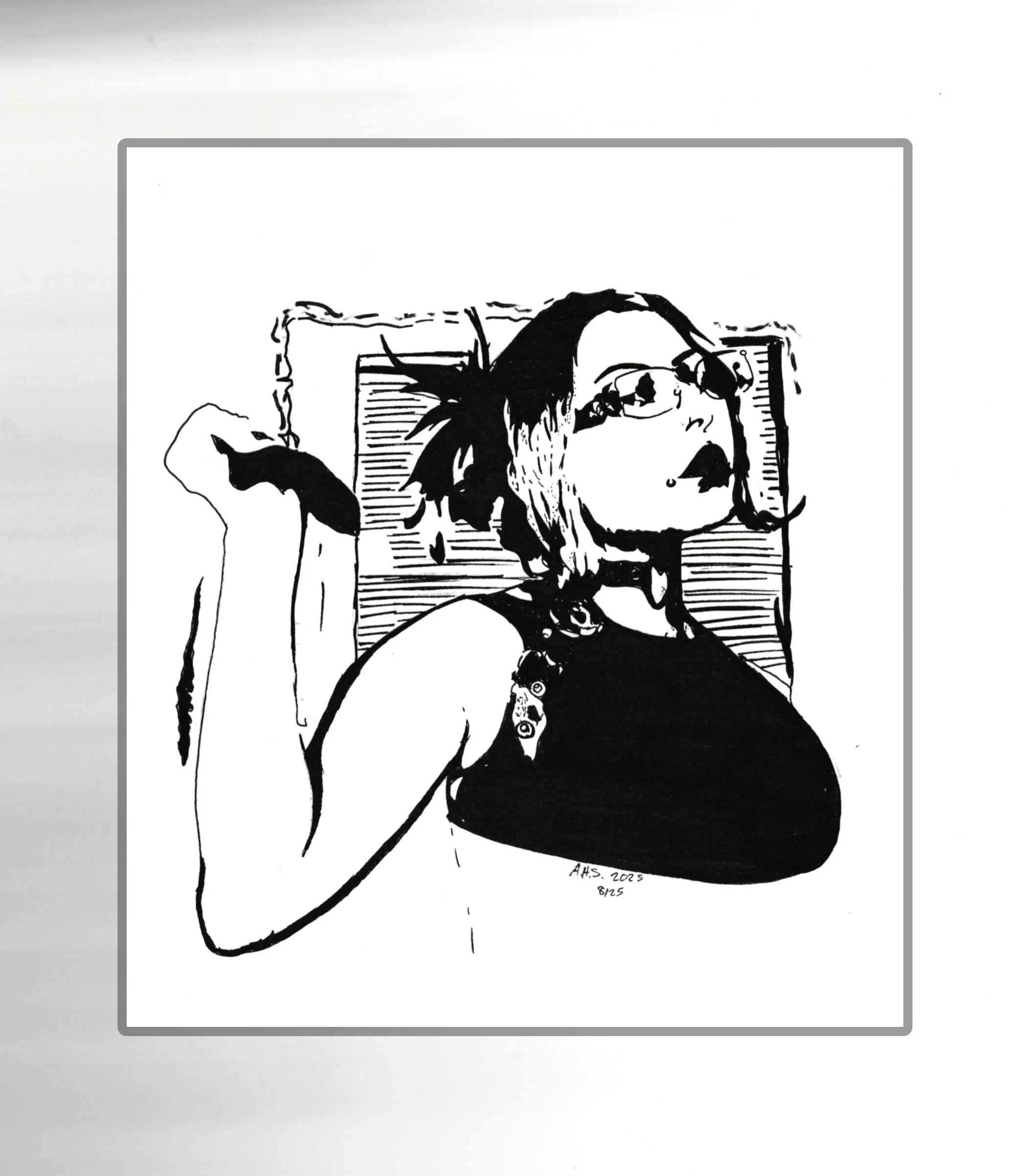 Black and white sketch of a woman with glasses, her hair tied back with a bow, resting her head on her hand, with a notebook or book in the background. Signed and dated at the bottom.