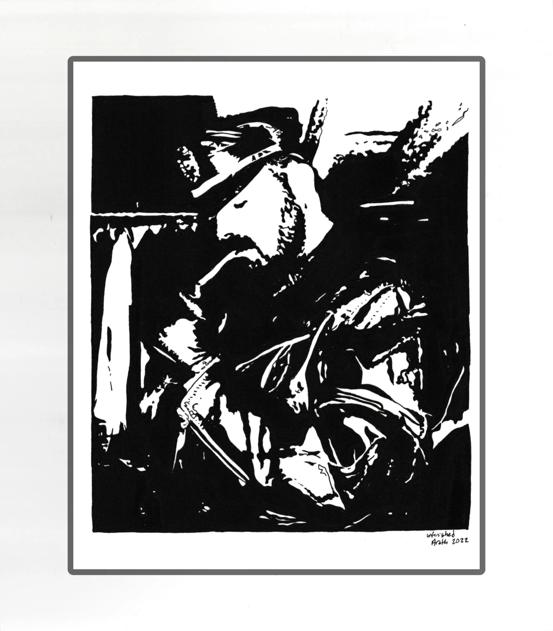 Black and white abstract artwork signed by the artist in the bottom right corner with the text "unfinished 2022." The piece features stark, high-contrast shapes and lines, creating a dynamic and expressive composition.