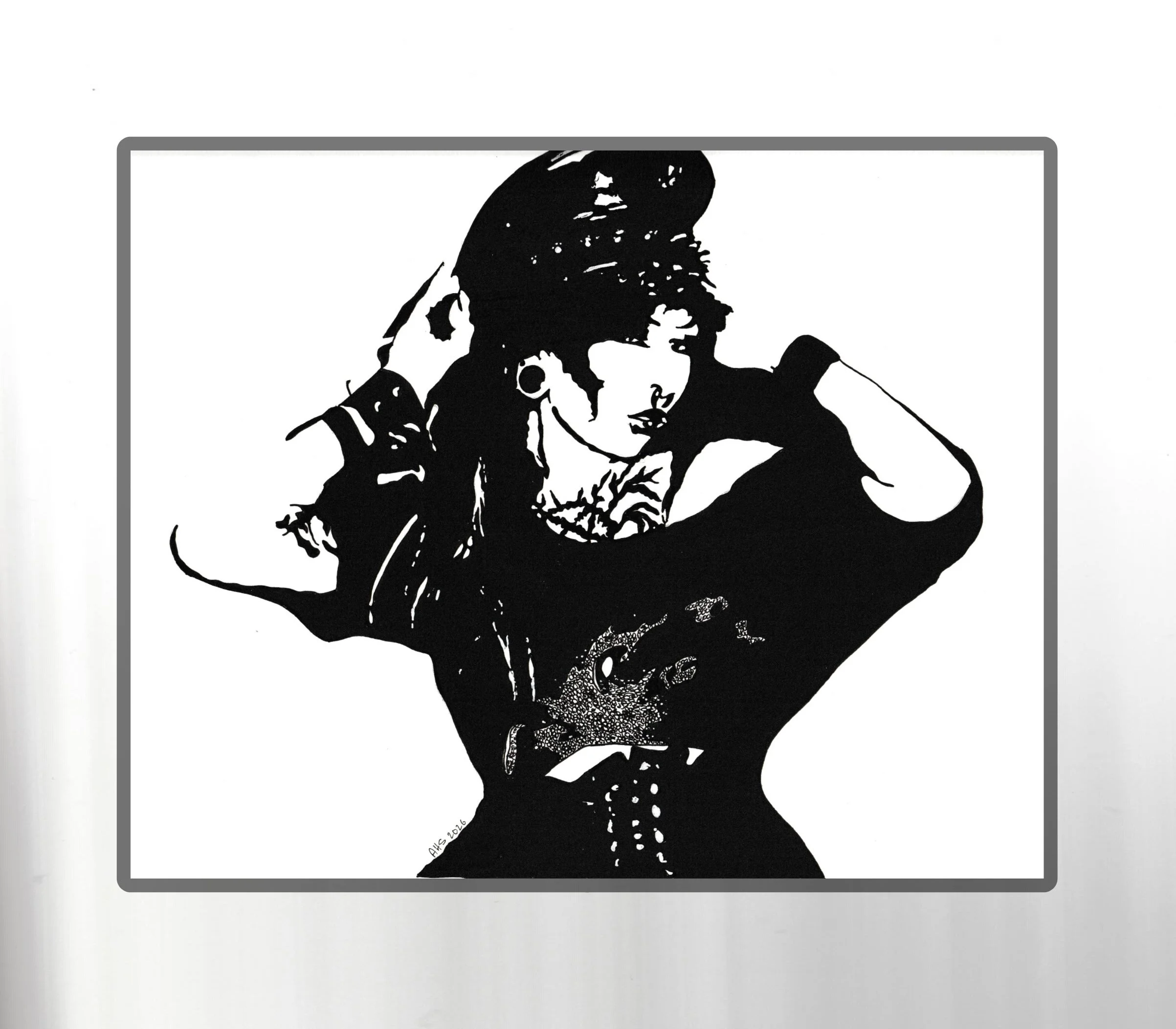 A black and white silhouette of a woman with chin-length hair touching her face, wearing a sleeveless top with a floral pattern, and earrings, with the signature 'AHS 2016' in the bottom left corner.