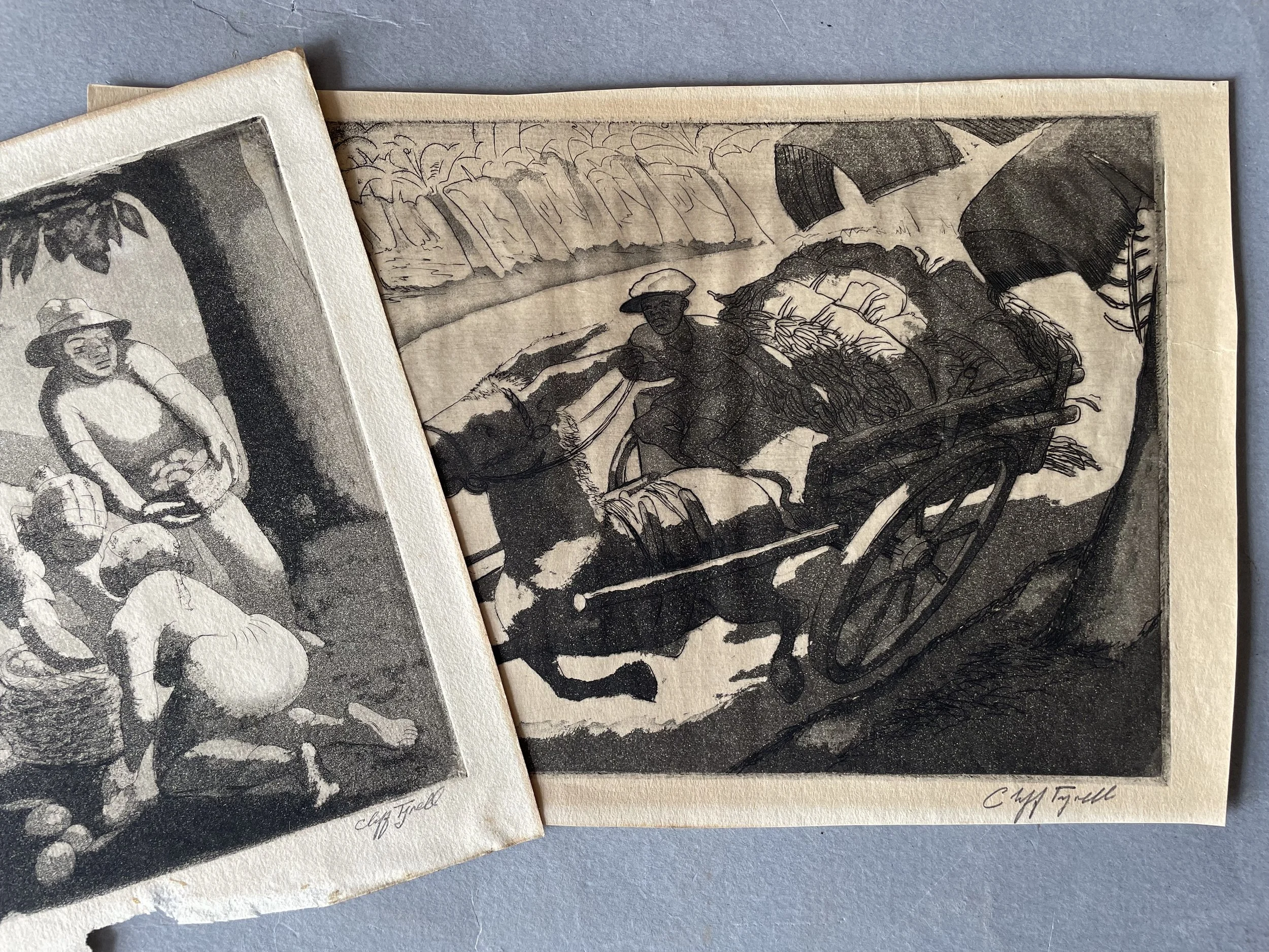 Two etchings by the Jamaican born artist, Cliff Tyrell