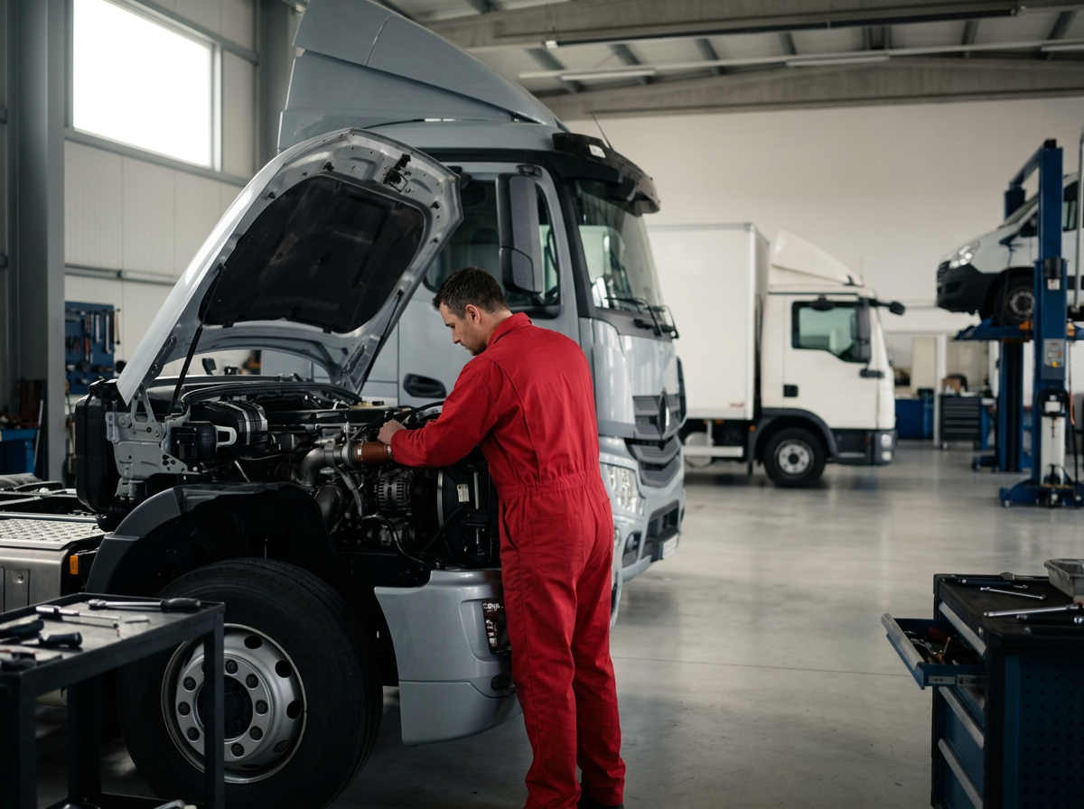 A mechanic in a red jumpsuit working on a truck engine inside a large garage or workshop with other trucks and vehicles in the background.