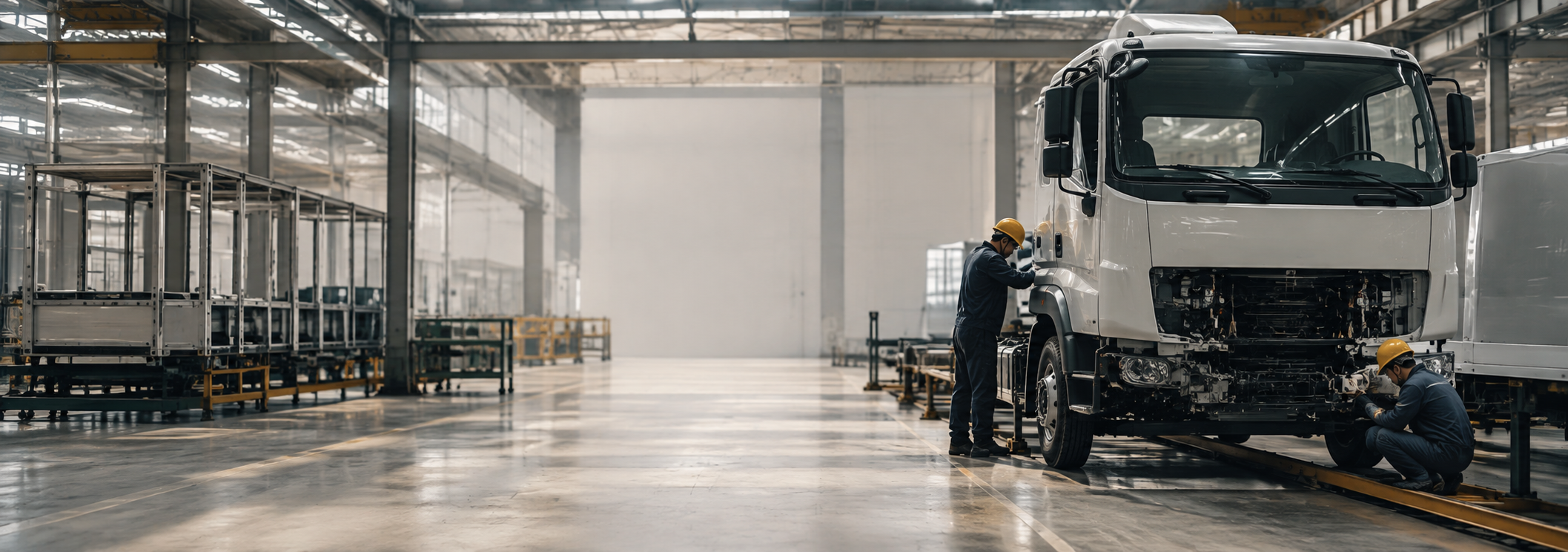 Two workers wearing yellow helmets working on a large white truck inside a spacious industrial warehouse.