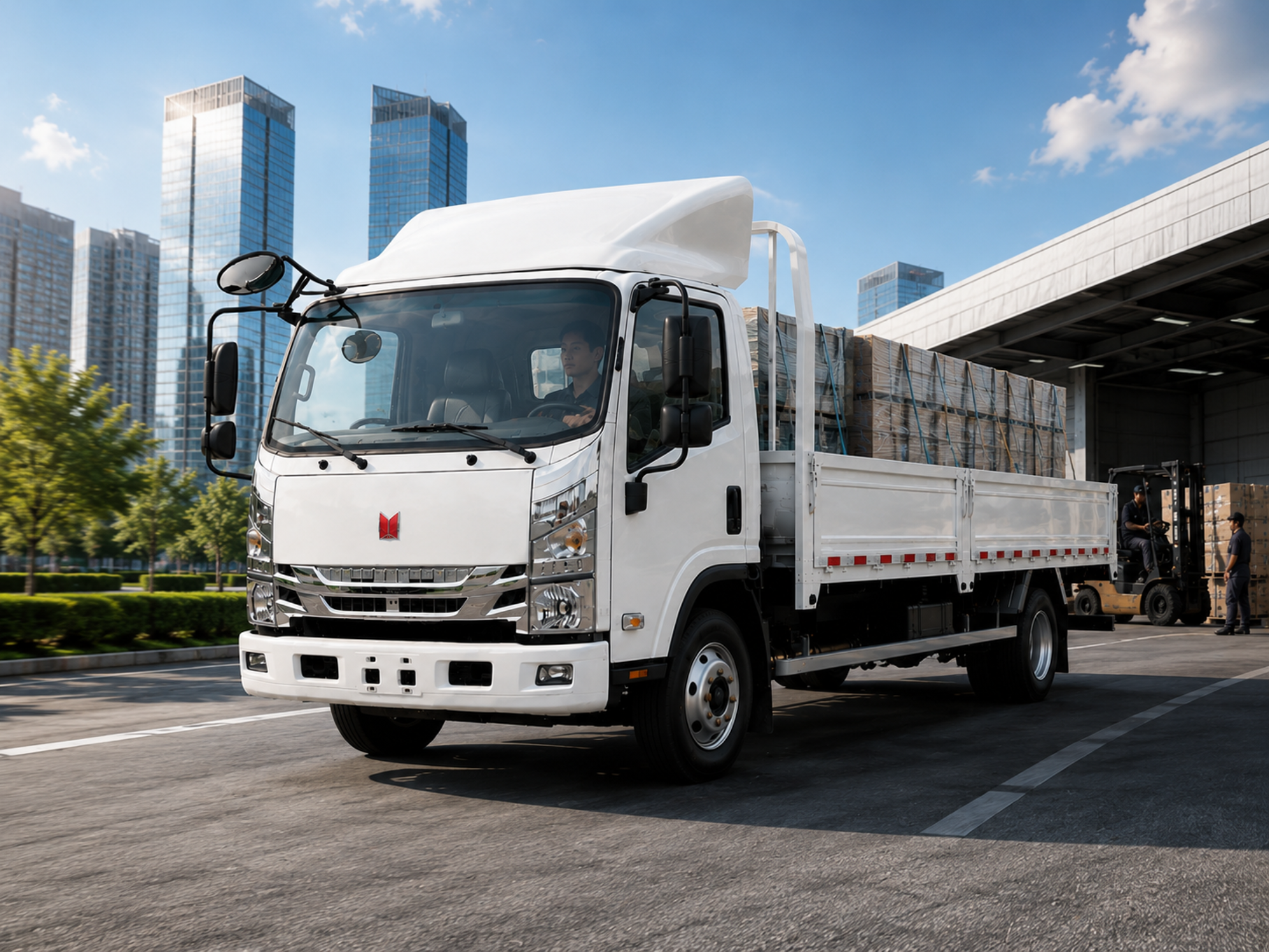White delivery truck with pallets of boxes on its flatbed, driving in an urban area with tall glass buildings in the background on a sunny day.