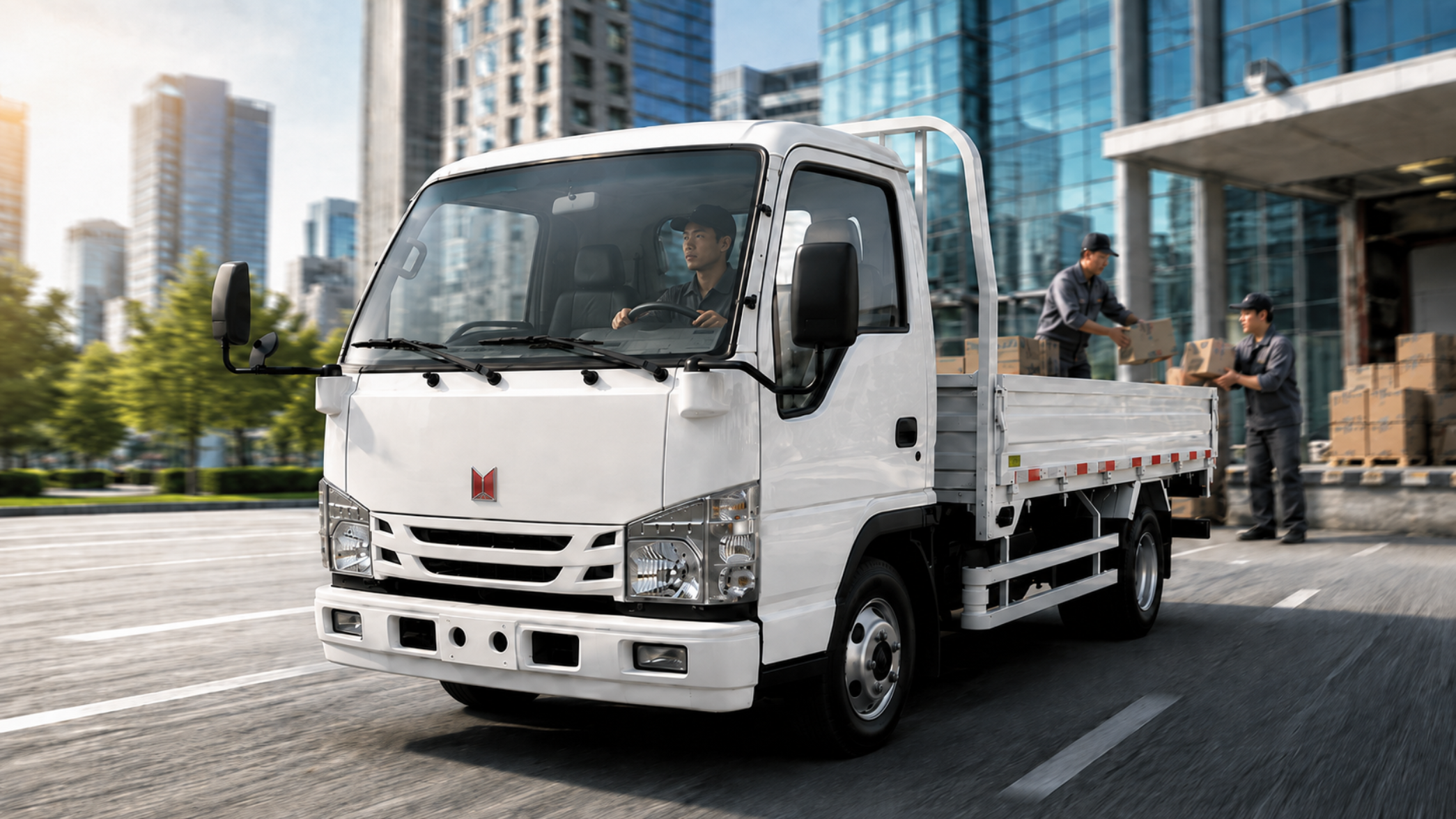 White delivery truck with two workers loading boxes, moving through an urban area with high-rise glass buildings.