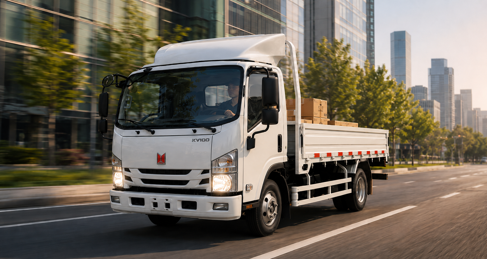 A white flatbed truck driving in an urban area with tall glass buildings and trees, carrying cardboard boxes on the back.