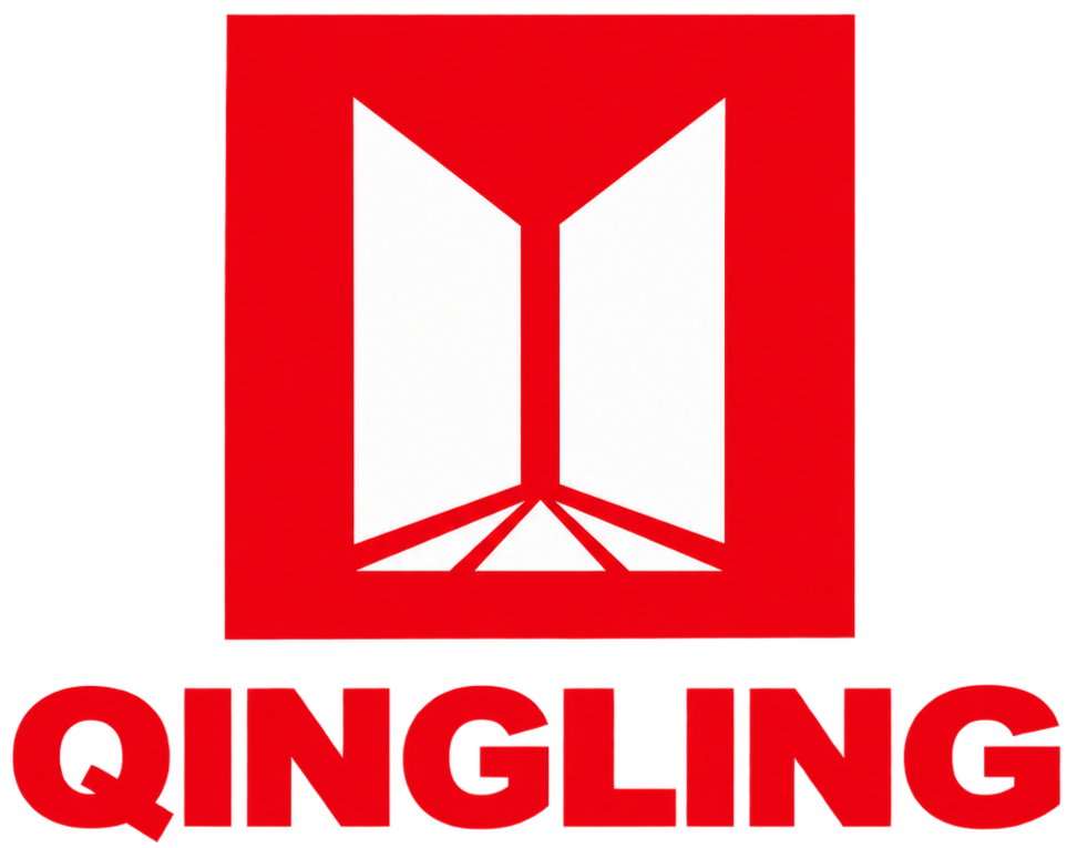The logo features a red square with a white open book icon in the center and the word "QINGLING" written in bold red letters below.