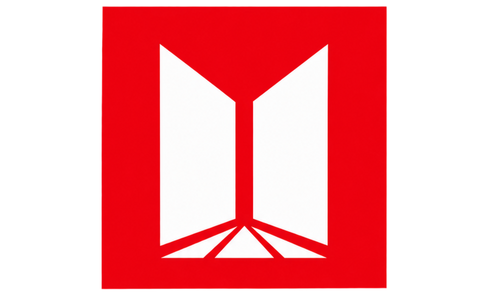 Red square with a white open book symbol in the center.