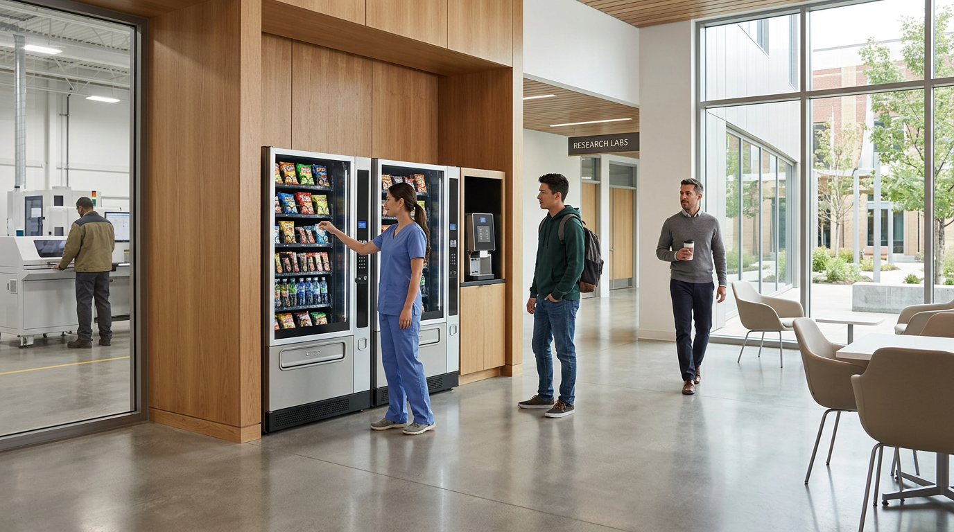 A person in medical scrubs using a vending machine in a modern indoor setting, with two other people, one with a backpack and the other holding coffee, nearby. Large windows showing trees and outdoor buildings.