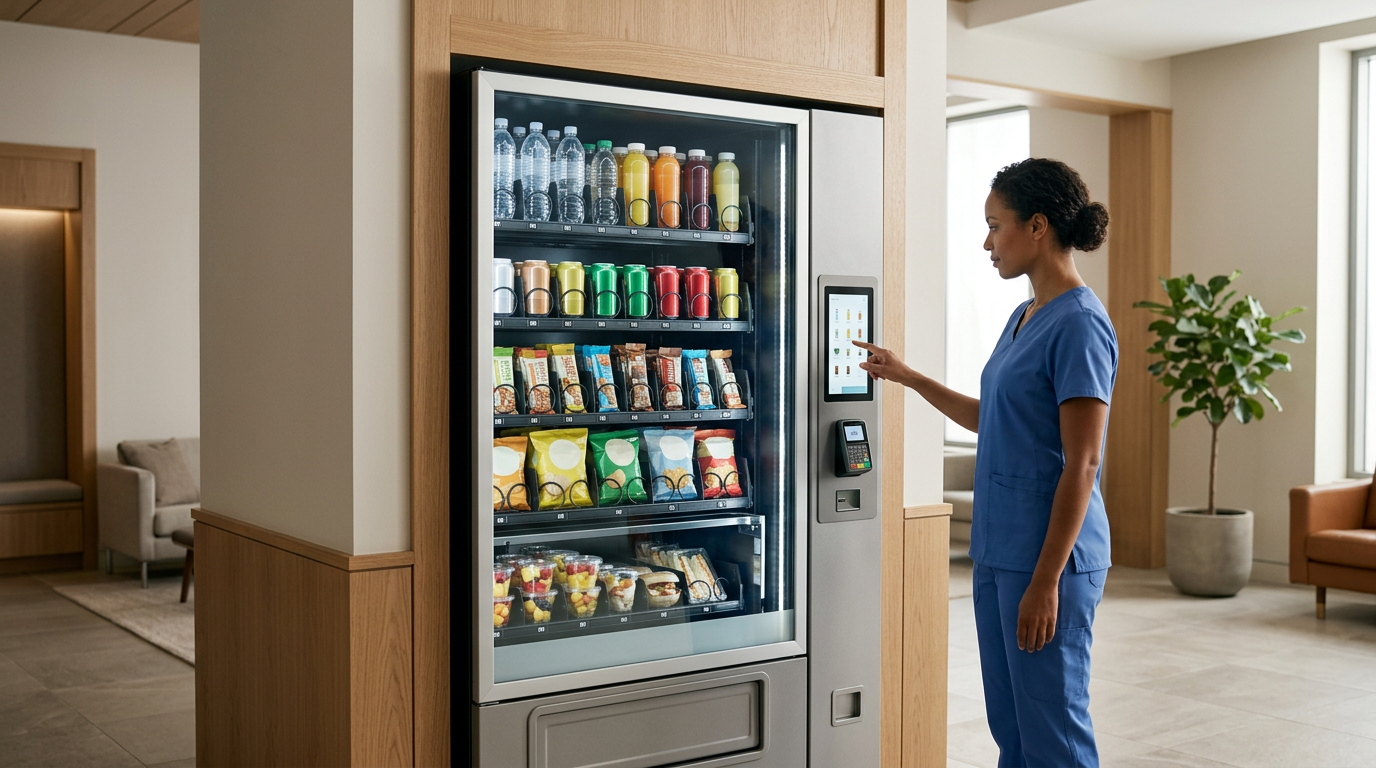 A woman in blue scrubs using a touchscreen on a vending machine that offers bottled drinks, snacks, and pre-packaged meals in a modern indoor lounge area with natural light and potted plants.
