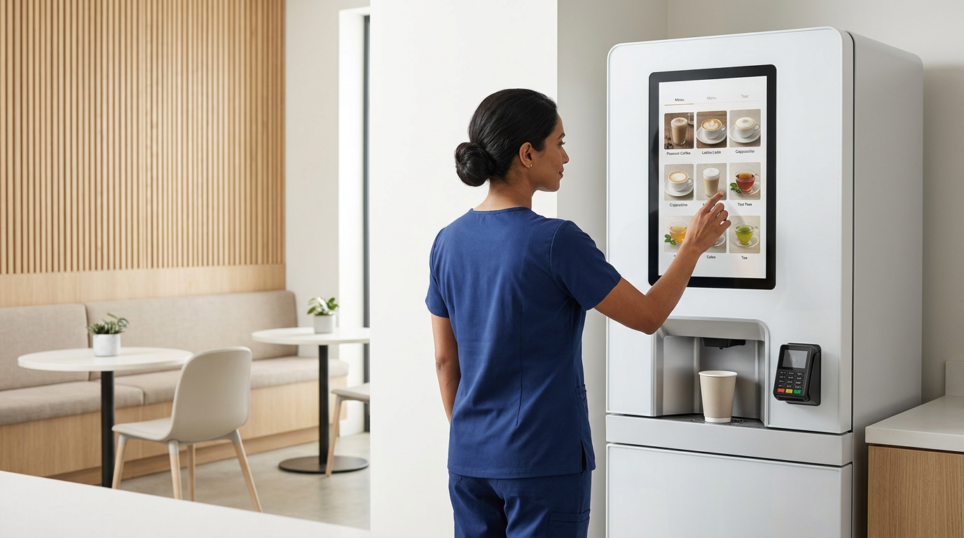 A woman in a blue uniform using a coffee vending machine in a modern cafe setting.