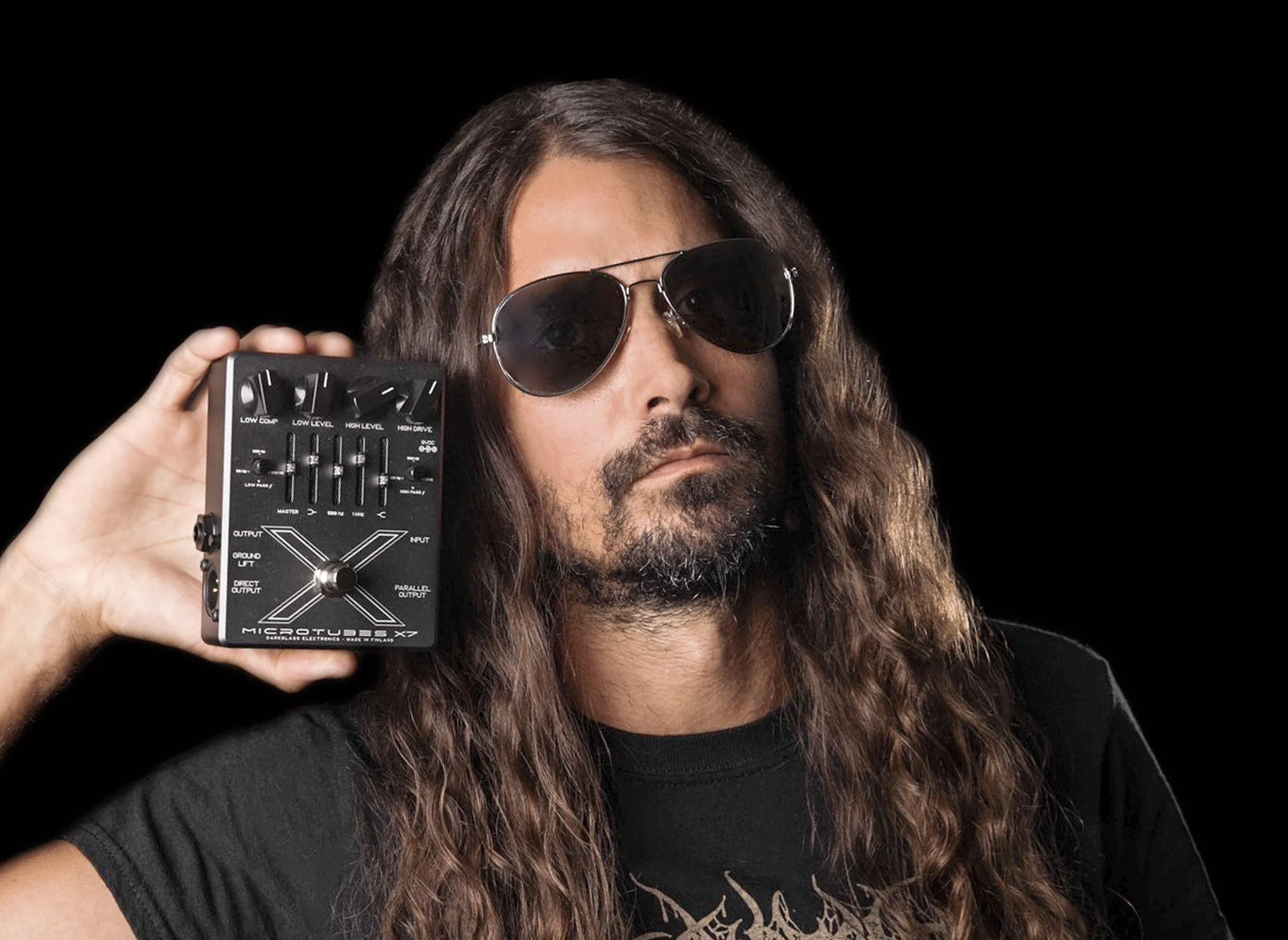 A man with long hair and sunglasses holding audio equipment against a black background.