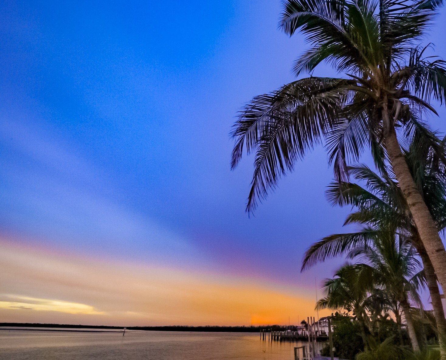 Tropical scene with tall palm trees, a calm water body, and a colorful sunset or sunrise sky with shades of blue, purple, orange, and yellow.