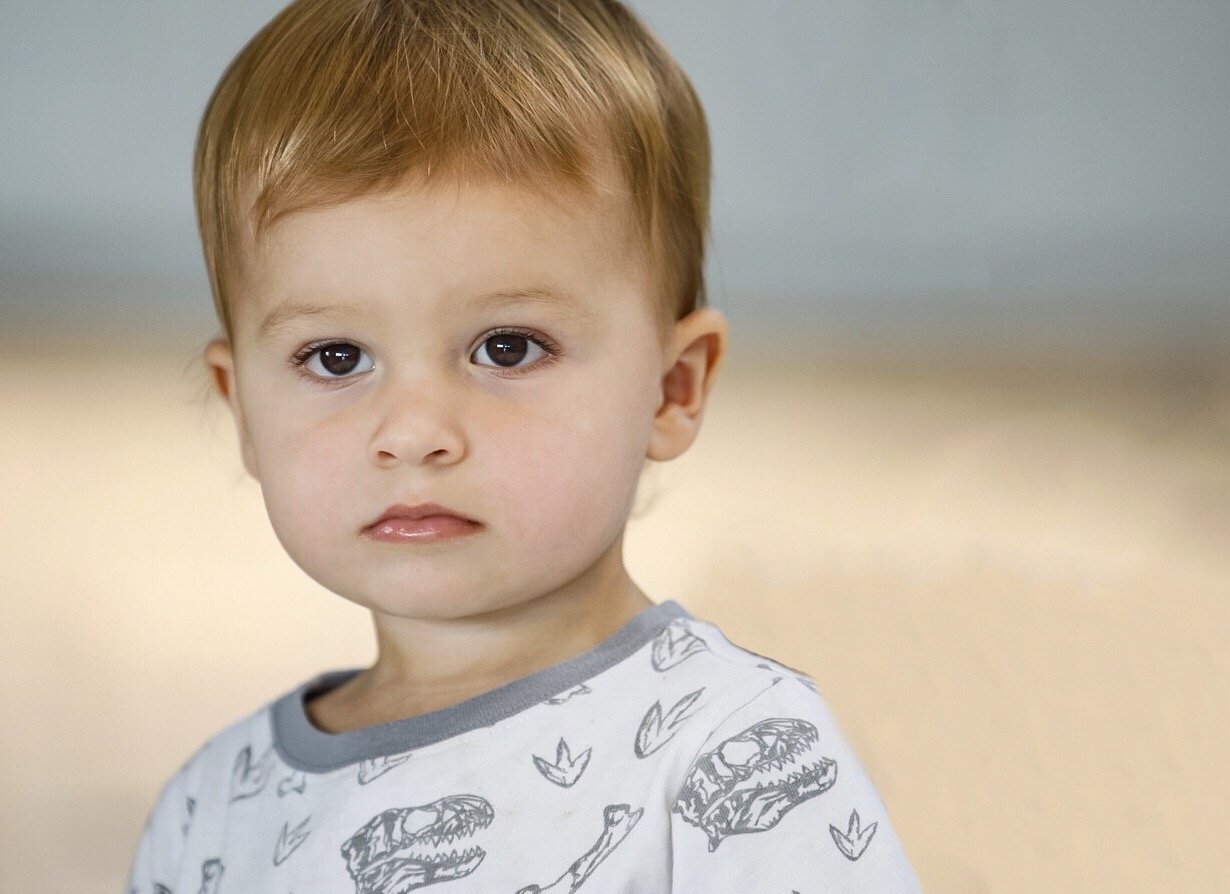 A young boy with light brown hair, brown eyes, and light skin looking at the camera with a neutral expression, wearing a white shirt with dinosaur print.