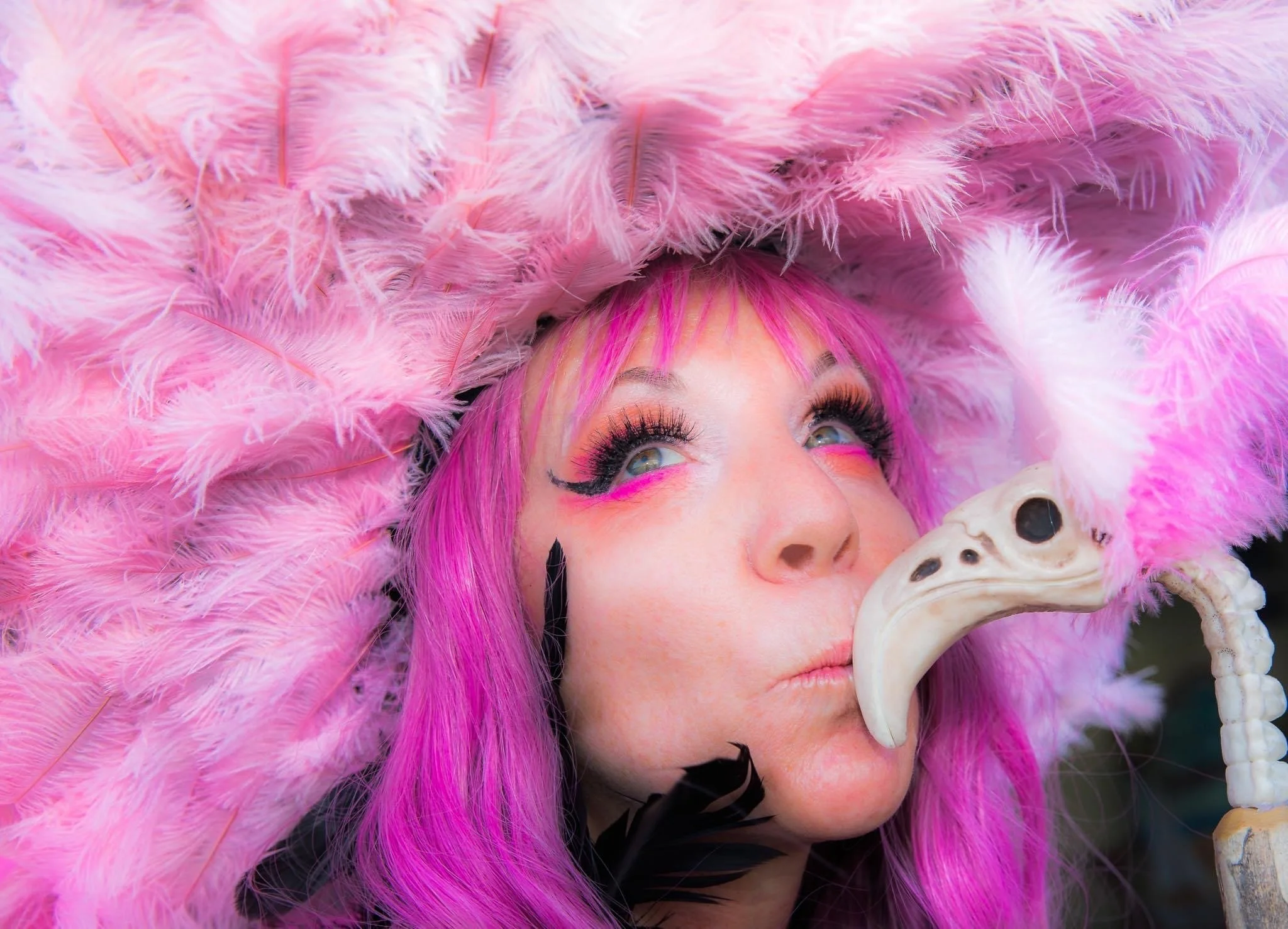 A woman with pink hair, pink makeup, and long eyelashes, wearing a pink feather headdress with black feathers underneath, holding a white skull with black eye sockets and a snake skeleton.