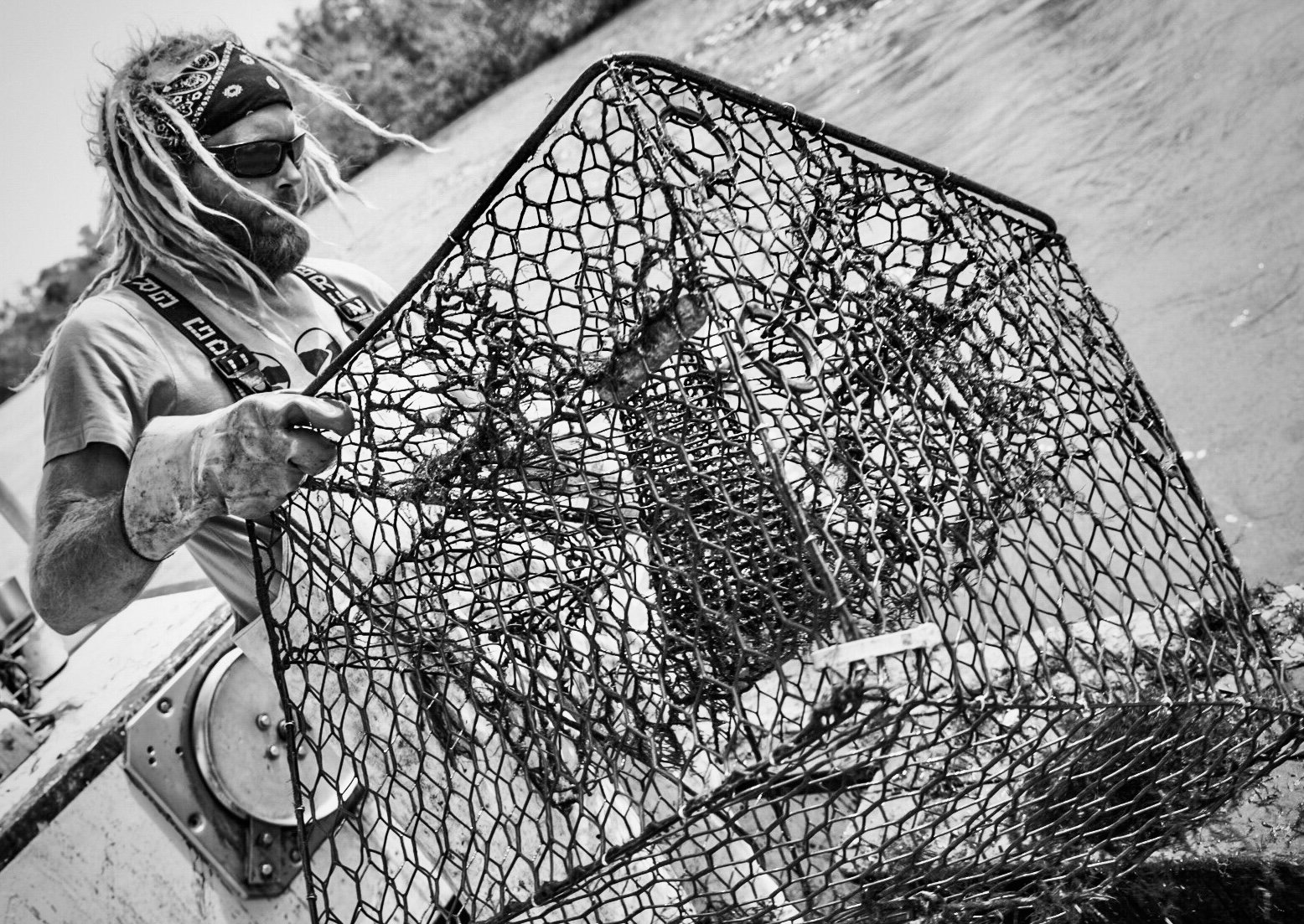 A man with long dreadlocks, wearing sunglasses, a bandana, gloves, and a t-shirt, holding a lobster trap with a lobster inside, standing outdoors near a body of water.