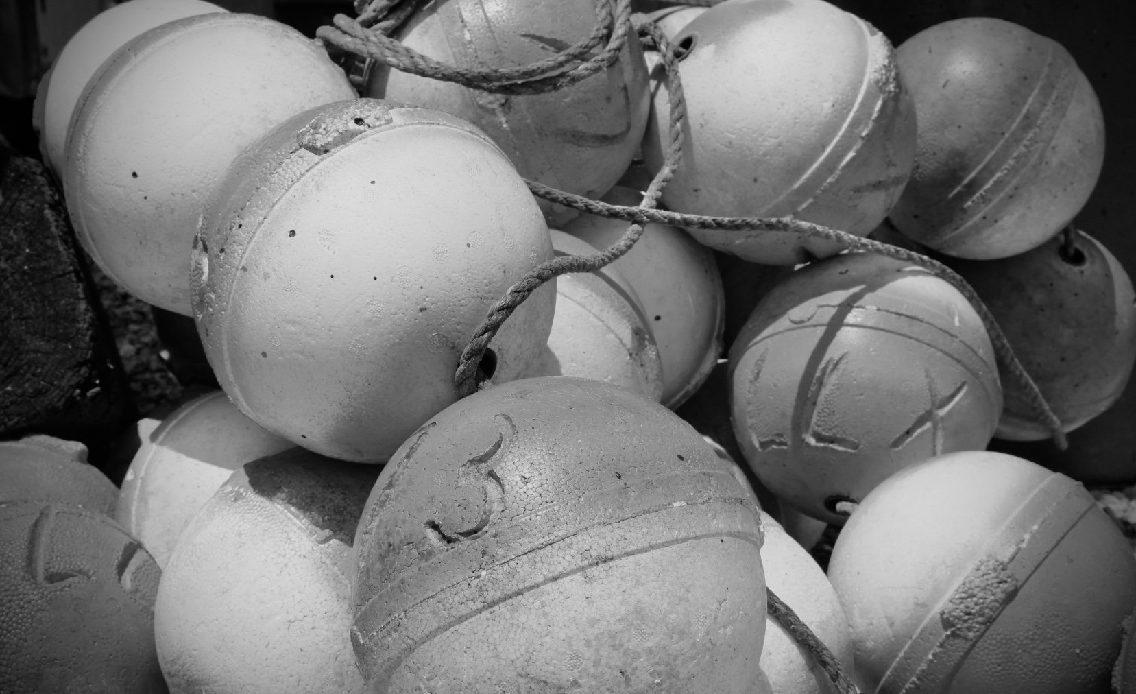 A pile of collected fishing buoys made of foam, some with rope loops, in black and white.