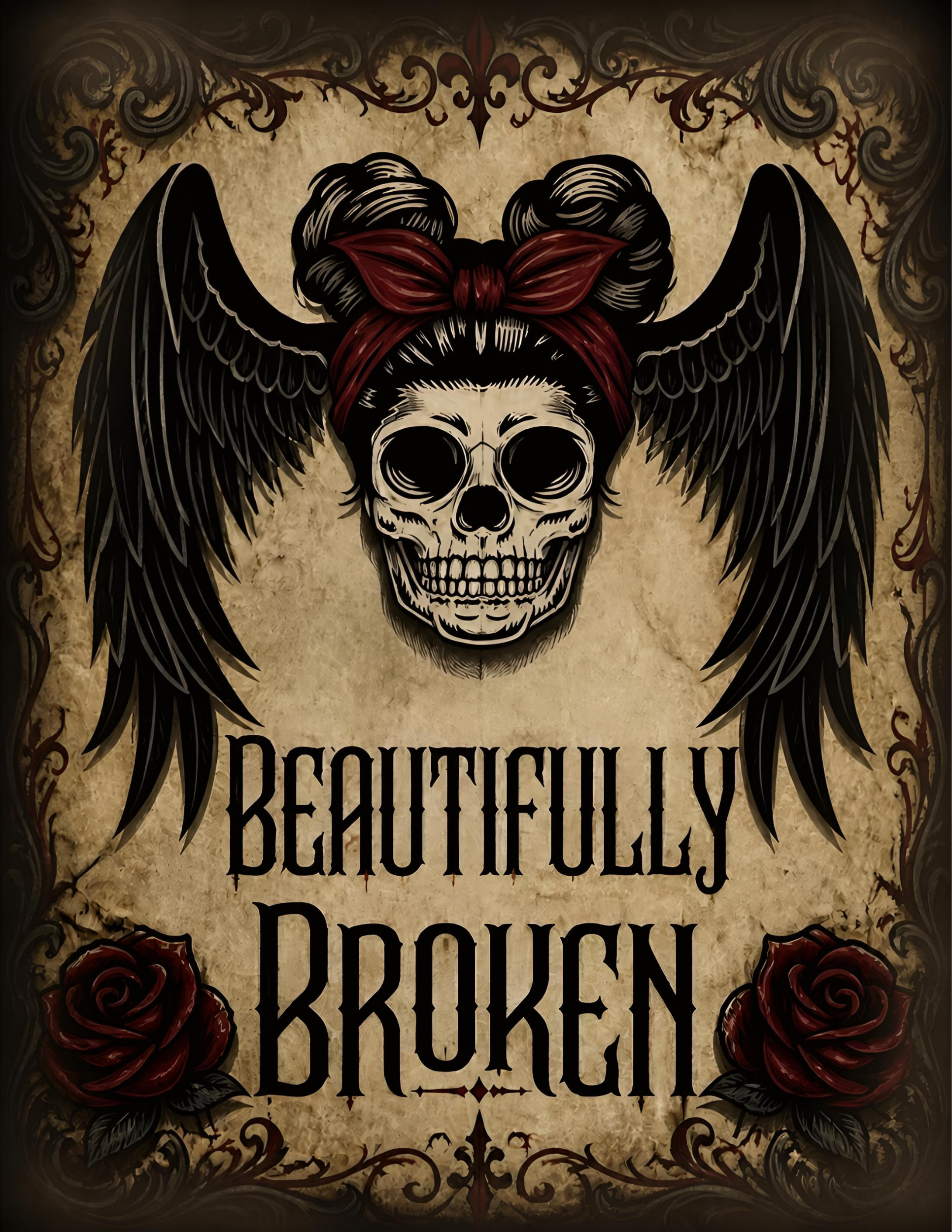 A tattoo-style artwork featuring a skull with bat wings, a red bandana, and black hair, surrounded by ornate floral and swirl designs. The text reads 'Beautifully Broken' in stylized font.