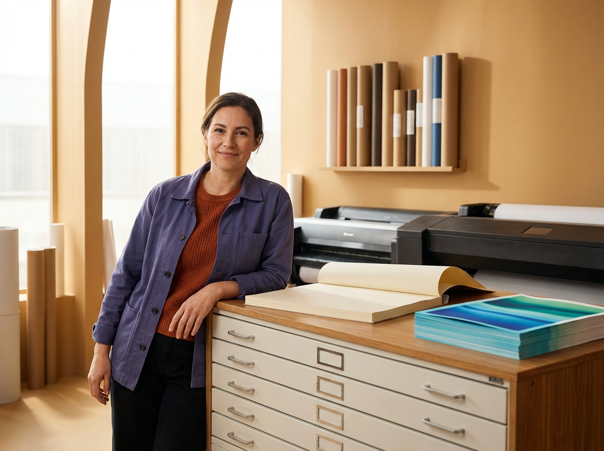 A woman standing in a printing or design studio with large format printers and shelves with rolls of paper or fabric. She is leaning on a cabinet with open books or printing samples.