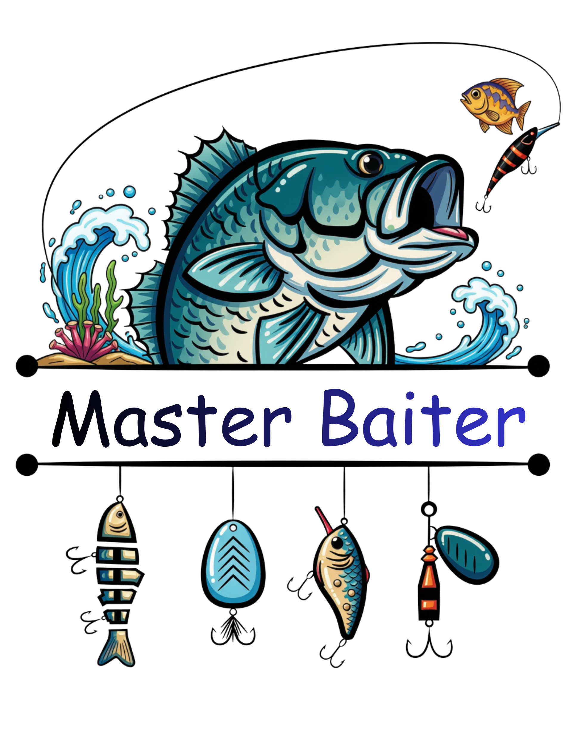 Colorful fishing lure with large fish and smaller fish, coral, and seaweed design, and the text 'Master Baiter'.