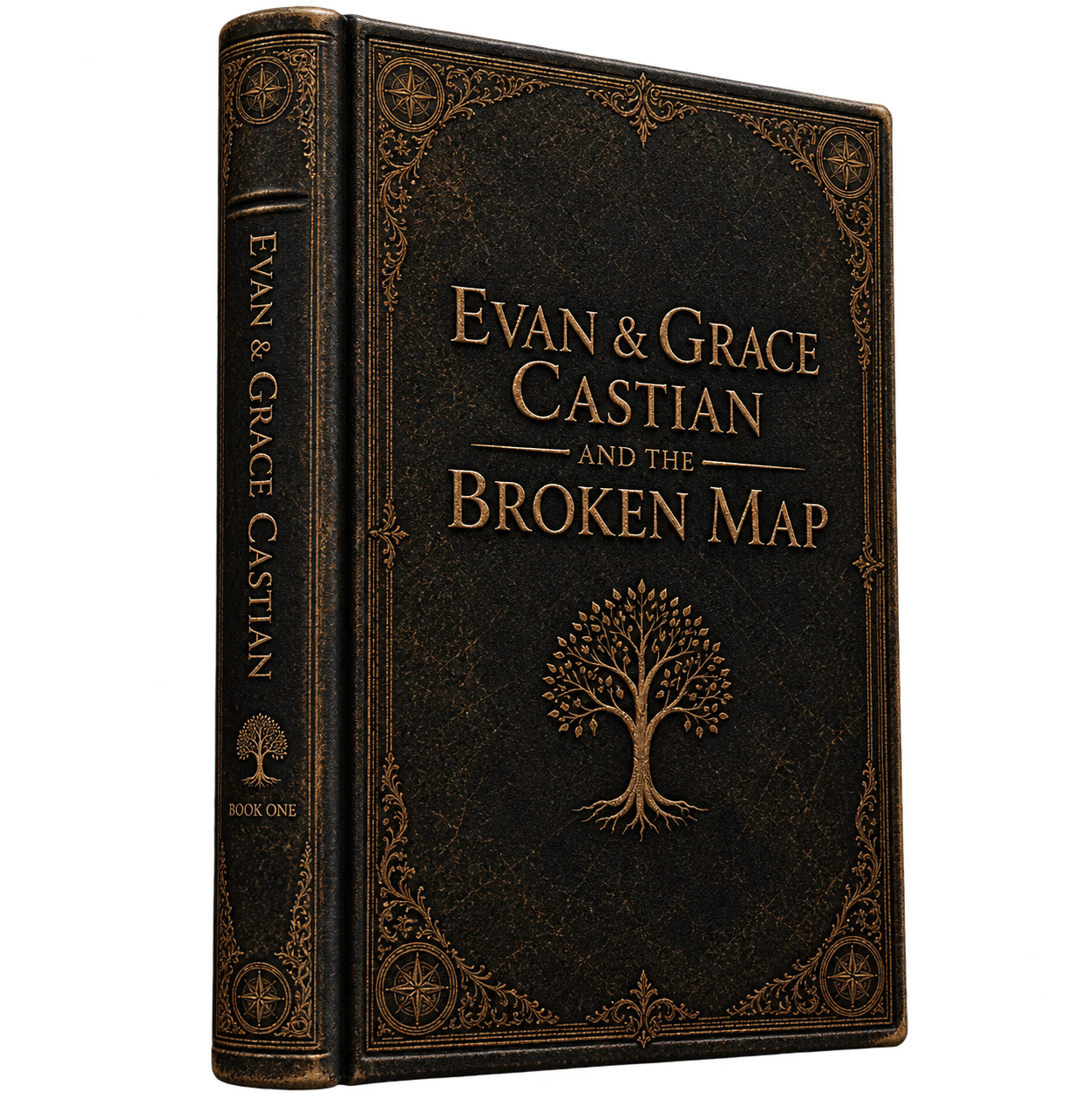 A black, textured hardcover book titled 'Evan & Grace Castian and the Broken Map' with gold lettering and decorative border, featuring a tree illustration on the cover.